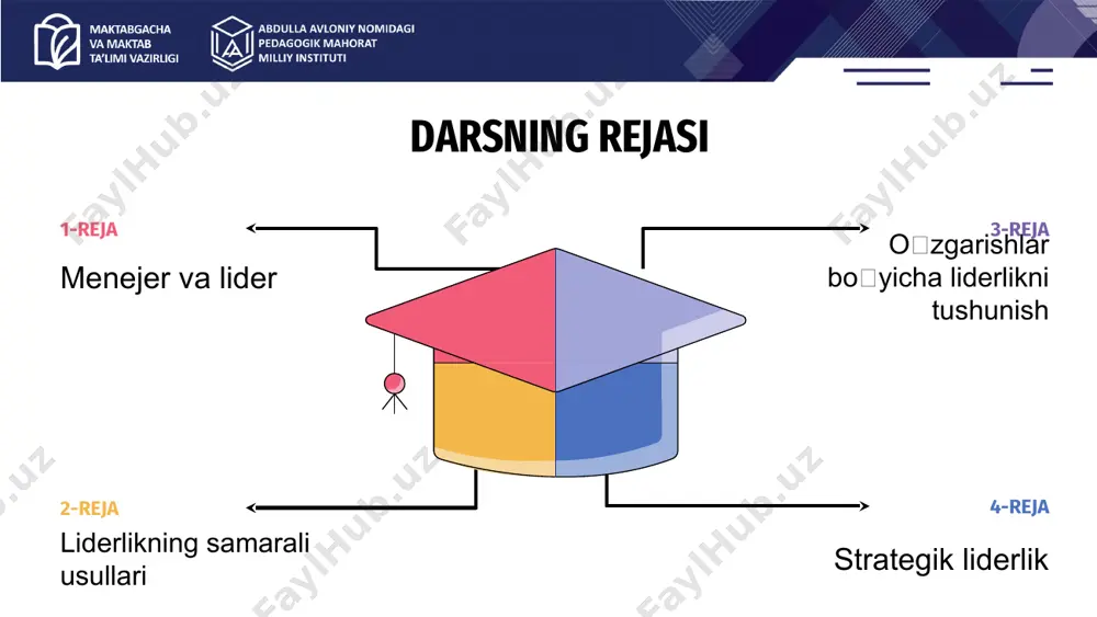aniyaning muvaffaqiyatli rivojlanishini ta'minladi. 02 tim cook pepsico kompaniyasining sobiq bosh direktori, u kompaniya strategiyasini yangilab, yangi bozorlar va mahsulotlar yaratishga olib keldi. 03 indra nooyi microsoft kompaniyasining bosh direktori, u kompaniyani yangi texnologiyalar bilan boshqarib, samarali rivojlantirishga erishdi. 04 satya nadella hindistonning mustaqilligi uchun kurashgan va tinch yo‘l bilan o‘zgarishlarni amalga oshirgan lider. o‘z jamoalarini yoki sportchilari uchun ilhom manbai bo‘ladigan, motivatsiya berib, yuksak natijalarga erishishga yordam beradigan shaxslar. janubiy afrikada apartheidga qarshi kurashgan va xalqqa ozodlik olib kelgan lider. mahatma gandhi sport liderlari nelson mandela liderlar kim bo‘lishi mumkin? 02 03 01 o‘qituvchilar va talabalar jamoasini boshqaradigan, o‘quv jarayonlarini samarali olib borishga mas'ul bo‘lgan shaxs. maktab rahbari 01 ta'limda liderlik va menejerlik — bu ta'lim tizimida samarali boshqaruvni ta'minlash va o'quvchilarning rivojlanishini qo'llab-quvvatlashda muhim rol o'ynaydi. ta’lim ta’limga lider va menejerlar kerakmi? ta’lim liderlik va menejerlik — o'ziga xos, lekin bir-birini to'ldiruvchi xususiyatlarga ega. ta'limda bu ikki yondashuvni …