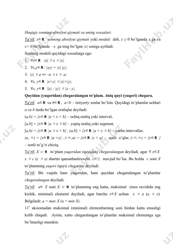 emas. ta’rif. x ( to’plamning yuqori chegaralardan eng kichigi (quyi chegaralardan eng kattasi) x to’plamning aniq yuqori chegarasi (aniq quyi chegarasi) deyiladi va supx (infx) orqali belgilanadi. boshqacha aytganda, , . aniq yuqori chegaraning mavjudligi quyidagi lemma uzluksizlik aksiomasidan kelib chiqadi: lemma .( aniq yuqori chegara haqida). yuqoridan chegaralangan bo’sh bo’magan sonli to’plam yagona aniq yuqori chegaraga ega. isbot: x ( - yuqoridan chegaralangan to’plam bo’lsin. uning yuqori chegaralarda iborat bo’lgan y = {y |(x x x y} – to’plamni qaraymiz. 16( aksiomaga ko’ra shunday c mavjudki, (x x (y y uchun x c y qo’sh tengsizlik o’rinli. demak c soni xning yuqori chegarasi bo’lib, c y bo’ladi. ya’ni c = miny, demak, ta’rifga ko’ra c soni x ning aniq yuqori chegarasi bo’ladi: c = supx. uning yagonaligi 11( aksiomadan kelib chiqadi. aniq quyi chegara haqida lemma xudi shunday isbotlanadi. izoh. 16( aksioma mazkur lemma bilan tengkuchli. tayanch tushunchalar haqiqiy …