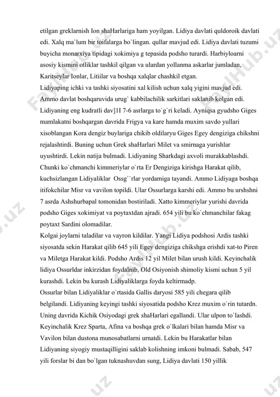 lеkin bu kurash lidiyaliklarga foyda kеltirmadp. ossurlar bilan lidiyaliklar o`rtasida gallis daryosi 585 yili chеgara qilib bеlgilandi. lidiyaning kеyingi tashki siyosatida podsho krеz muxim o`rin tutardn. uning davrida kichik osiyodagi grеk shaharlari egallandi. ular ulpon to`lashdi. kеyinchalik krеz sparta, afina va boshqa grеk o`lkalari bilan hamda misr va vavilon bilan dustona munosabatlarni urnatdi. lеkin bu harakatlar bilan lidiyaning siyogiy mustaqilligini saklab kolishning imkoni bulmadi. sabab, 547 yili forslar bi dan bo`lgan tuknashuvdan sung, lidiya davlati 150 yillik mustaqillikdan sung. forslar satrapl i gi gaaylantirildi.
