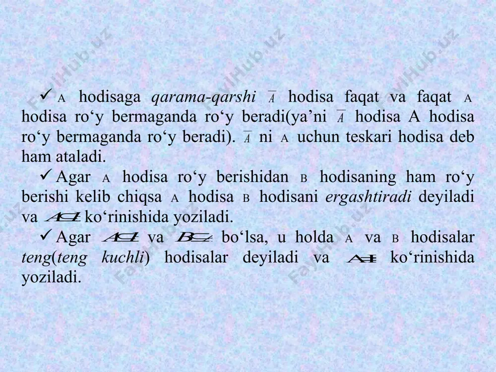 natijasida ro‘y berishi oldindan aniq bo‘lmagan hodisaga aytiladi. hodisalar, odatd a, lotin alifbosining bosh harflari c,b,a, …lar bilan belgilanadi.  tajribaning har qanday natijasi elementar hodisa deyiladi va  orqali belgilanadi.  tajribaning natijasida ro‘y berishi mumkin bo‘lgan barcha elementar hodisalar to‘plami elementar hodisalar fazosi deyiladi va  orqali belgilanadi. 1.1-misol. tajriba nomerlangan kub(o‘yin soqqasi)ni tashlashdan iborat bo‘lsin. u holda tajriba 6 elementar hodisadan hodisalar 654321 ,,,,,  lardan iborat bo‘ladi. i  hodisa tajriba natijasida )6,5,4,3,2,1(ii ochko tushishini bildiradi. bunda elementar hodisalar fazosi: }6,5,4,3,2,1{ .  tajriba natijasida albatta ro‘y beradigan hodisaga muqarrar hodisa deyiladi. elementar hodisalar fazosi muqarrar hodisaga misol bo‘la oladi. aksincha, umuman ro‘y bermaydigan hodisaga mumkin bo‘lmagan hodisa deyiladi va u  orqali belgilanadi. hodisalar ustida amallar tasodifiy hodisalar orasidagi munosabatlarni keltiramiz:  a va b hodisalar yig‘indisi deb, a va b hodisalarning kamida bittasi(ya’ni yoki a , yoki b , yoki a va b birgalikda) …