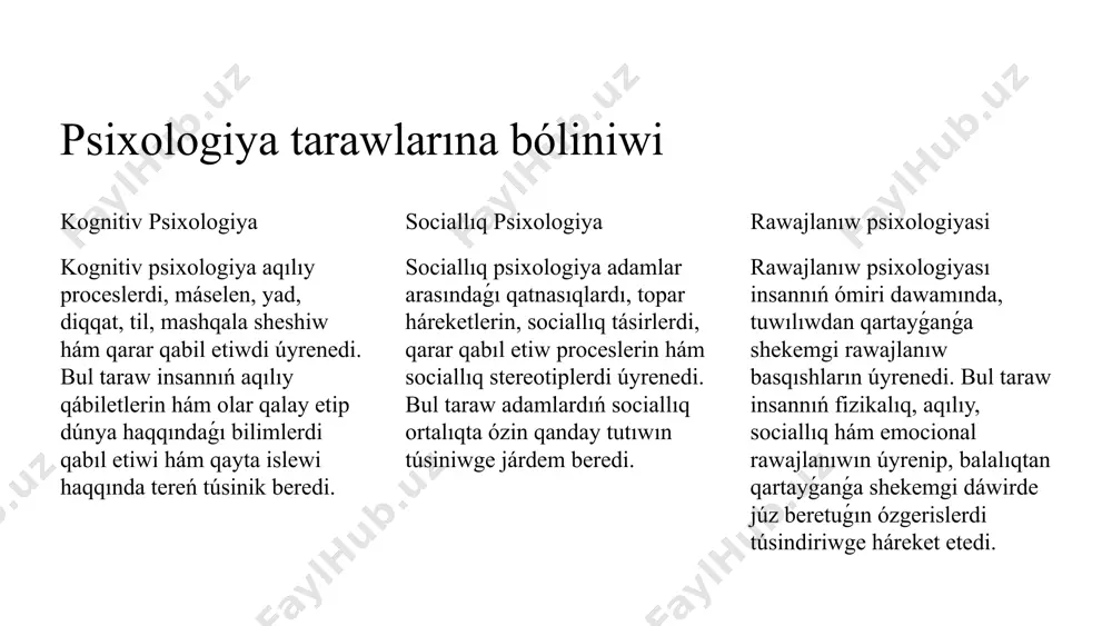 haqıyqat hám basqa da texnologiyalar psixologiyada jańa imkaniyatlar ashıp beredi. bul texnologiyalar insan minez-qulqın úyreniw, psixologiyalıq járdemdi nátiyjelirek etiw hám hár qıylı psixologiyalıq mashqalalardı sheshiwge járdem beredi. 8 psixologiya hám jámiyet ruwxiy salamatlıqtı jaqsılaw psixologiya ruwxiy salamatlıqtı jaqsılaw, ruwxiy keselliklerdiń aldın alıw hám ruwxiy keselliklerden jábirlengenlerge járdem beriwde áhmiyetli rol oynaydı. bilimlendiriw hám oqıtıw psixologiya bilim beriw procesin nátiyjelirek etiw, oqıwshılardıń úyreniw usılların túsiniw hám muģallimlerge óz jumıslarında járdem beriw ushın qollanıladı. sociallıq mashqalalardı sheshiw psixologiya sociallıq mashqalalardı, máselen, jınayachılıq, náshebentlik, zorlıq hám kámbaģallıqtı sheshiwde járdem beredi. psixologiyalıq bilimler sociallıq mashqalalardı saplastırıw hám jámiyetti jaqsılaw ushın qollanıladı. global mashqalalar psixologiya global mashqalalardı, máselen, klimat ózgeriwi, kámbaǵallıq hám urıslardı sheshiwde de áhmiyetli rol oynaydı. psixologiyalıq izertlewler bul mashqalalardı saplastırıw ushın nátiyjeli strategiya hám sheshimler islep shıǵıwǵa járdem beredi. 9 psixologiya hám biziń keleshegimiz psixologiya insan ómiri hám jámiyettiń barlıq tarawlarında barǵan sayın áhmiyetke iye bolmaqta. keleshekte psixologiya texnologiyalar menen jáne de …