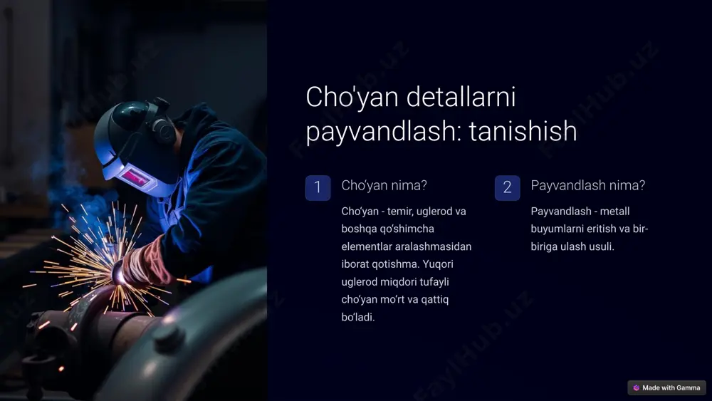 tiga ta'sir qiladi. 6 cho'yan detallarning payvandga tayorgarlik ko'rish payvandlash joyini tozalash zang, kir va boshqa kirlarni olib tashlash. materialni qizdirish mo‘rtlikni kamaytirish va yoriqlar hosil bo‘lishining oldini olish. to‘g‘ri elektrodlarni tanlash cho‘yanning kimyoviy tarkibi va qalinligiga qarab. 7 cho'yan detallarni payvandlash operatsiyasi issiqlikni boshqarish cho‘yanni qizdirish va sovutish jarayonini to‘g‘ri boshqarish kerak. elektr toki kuchini tanlash to‘g‘ri elektr toki kuch payvand sifatiga ta'sir qiladi. qayta ishlash payvandlangan joyni qayta ishlash zarur. 8 cho'yan detallarni payvandlashda sifatni nazorat qilish 1 yoriqlar payvandlangan joyda yoriqlar bo‘lmasligi kerak. 2 porlar payvandlangan joyda porlar bo‘lmasligi kerak. 3 kuchlilik payvandlangan joy cho‘yanning asl kuchiga mos bo‘lishi kerak. 9 cho'yan detallarni payvandlashda xavfsizlik choralari ko‘z himoyasi payvandlash paytida ko‘zlarni himoya qilish zarur. qo‘l himoyasi payvandlash paytida qo‘llarni himoya qilish zarur. 10 image1.png image2.png image3.png image4.png image5.png image6.png image7.png image8.png image9.png image10.png image11.png image12.png image13.png image14.png image15.png image16.png image17.png image18.png