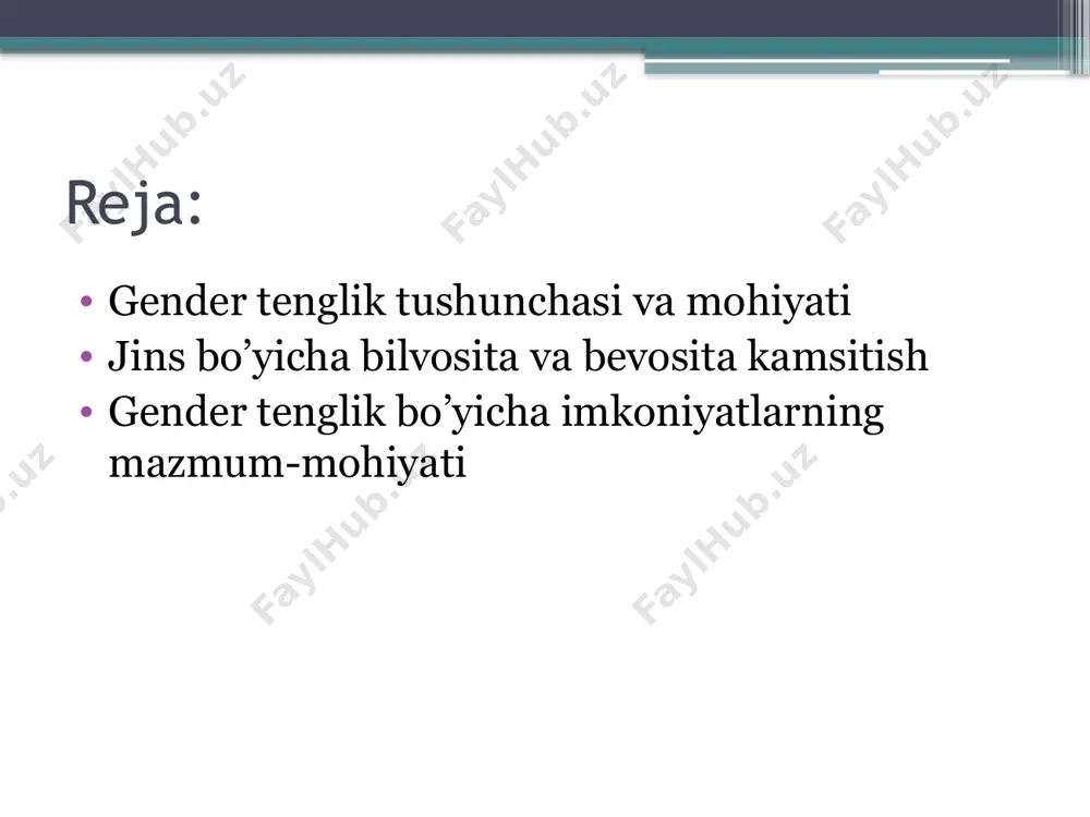 . oilaviy hayotda balans: gender tenglik oila ichida majburiyatlarning adolatli taqsimlanishini ta’minlab, oilaviy farovonlikni oshiradi. 4. qashshoqlikni kamaytirish: ayollarning iqtisodiy imkoniyatlarini oshirish qashshoqlikni kamaytirishda muhim omil hisoblanadi. 5. ta'lim va salomatlikka kirish imkoniyati: gender tenglik barcha jins vakillarining ta'lim va sog‘liqni saqlash xizmatlaridan teng foydalanishiga yordam beradi. 6. siyosiy barqarorlik: ayollarning siyosiy qaror qabul qilish jarayonlarida ishtiroki barqarorlikka va adolatli boshqaruvga hissa qo‘shadi. gender tengligi ko’rsatkichlari oʻzbekiston gender tengligi koʻrsatkichi roʻyxatida 2019-yildan boshlab qatnashishni boshladi. 2019-yil holati boʻyicha oʻzbekistonning gender tengligi koʻrsatkichi roʻyxatdagi 189 mamlakat ichida 62-oʻrinni egalladi. birlashgan millatlar tashkilotining aholishunoslik jamgʻarmasi (unfpa) ekspertlarining fikriga koʻra, oʻzbekistondagi har 100 000 dan 29 ayol gender tengsizlik tufayli vafot etishi va 15-19 yoshdagi har ming oʻspirin qiz uchun tugʻish koʻrsatkichi 23,8 ni tashkil qiladi. gender tengligi koʻrsatkichi roʻyxati boʻyicha 62-oʻrinda oʻzbekiston bilan bir qatorda kosta-rika va urugvay ham 0,288 koʻrsatkichi bilan qayd etilgan. oʻrta osiyo davlatlari oʻrtasida qozogʻiston 44-chi, qirgʻiziston 82-chi, …