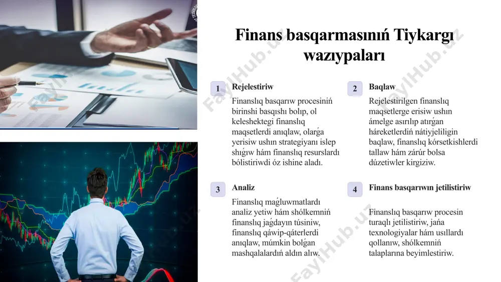 a, olardıń rentabelligin arttırıwǵa járdem beredi. rawajlanıw ushın imkaniyatlar jaratıw finanslıq basqarıw shólkemge jańa joybarlardı ámelge asırıw, biznesti keńeytiw hám rawajlanıw ushın imkaniyatlar jaratıwǵa járdem beredi. 6 finans basqarmasınıń ásbapları byudjet qárejetlerdi rejelestiriw hám qadaǵalaw, dáramat hám qárejetlerdi salıstırıw, finanslıq resurslardı nátiyjeli bólistiriw. finanslıq talqılaw finanslıq kórsetkishlerdi analiz etiw, shólkemniń finanslıq jaǵdayın túsiniw, mashqalalardı anıqlaw hám sheshimlerdi tabiw. finanslıq esabat finanslıq maǵlıwmatlardı sistemalı túrde usınıw, shólkemniń finanslıq iskerligin sáwlelendiriw, finanslıq kórsetkishlerdi baqlaw. finanslıq qáwiplerdi basqarıw finanslıq qáwiplerdi anıqlaw, bahalaw, aldın alıw hám azaytıw, shólkemdi finanslıq qáwiplerden qorǵaw. 7 finans basqarıwınıń zamanagóy tendenciyaları bulutli texnologiyalar finanslıq maǵlıwmatlardı saqlaw, tallaw hám basqarıw ushın bultlı texnologiyalardan paydalanıw shólkemlerge maǵlıwmatlarǵa hár qanday jerden kiriw imkaniyatın beredi. big data hám analiz big data texnologiyaları finanslıq maǵlıwmatlardı tallaw hám paydalı juwmaqlar shıǵarıw, shólkemniń strategiyalıq qararların qabıl etiwde járdem beredi. jasalma intellekt jasalma intellekt qarjı processlerin avtomatlastırıw, qárejetlerdi optimallastırıw hám qáwip-qáterlerdi bahalawda qollanıladı. blokcheyn texnologiyası blokcheyn texnologiyası …