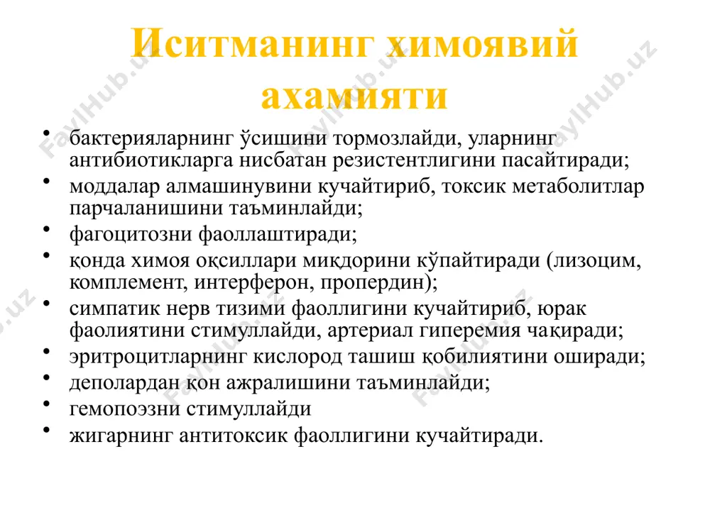 и ҳарорат нормага яқин ётади. бунга сабаб тана ҳароратининг кўтарилиш даври тахминан бирор вақт оралиғида (кўпинча ярим кунга яқин ёки кечаси) бир неча соатга ошиши ҳисобланади. ўзгарувчан иситма малярия, инфекцион мононуклеоз ва йирингли инфекцияларда (масалан, холангитда) кузатилади. 4. гектик иситма (febris hectic, гектик). эрталаб худди интермитирланувчи иситмага ўхшаб нормал, ҳатто тана ҳароратининг тушиши кузатилади, аммо суткалик ҳароратнинг фарқи 3-5°с гача боради. бундай тана ҳароратининг кўтарилиши ўпканинг фаол туберкулёзига ва сепсис билан кечувчи касалликларда учрайди. 5. тескари ёки бузилган иситма (febris inversus). бу бошқа иситма турларидан шу билан фарқ қиладики, бунда эрталабки тана ҳарорати кечқурунгидан баландроқ бўлади, аммо шундай бўлсада одатда унча баланд бўлмаган кечқурунги ҳароратнинг кўтарилиши кузатилади. бу иситма асосан туберкулёзда, сепсисда, бруцеллёзда учрайди. 6. нотўғри ёки идора қилинмайдиган иситма (febris irregularis). бу юқорида кўрсатилган турли хил иситма турлари билан алмашиниб келади ва ҳароратнинг суткалик фарқи ҳар хил ёки нотўғри кўринишда бўлади. нотўғри иситма ревматизмда, эндокардитда, сепсисда, туберкулёзда учрайди. иситма …