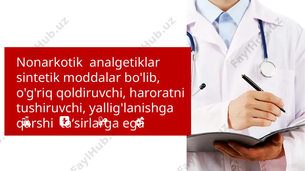 isyatlarga ega. asosan bosh o'g'rigida, nevralgiya, artrit, xoreyada, bazan revmatizmda qo'llaniladi nojo‘ya ta'siri: davomli qo'llanilganda qon sistemasiga salbiy ta'sir ko'rsatib, agronulotsitoz, allergik jarayonlar, terida toshmalar keltirib chiqarishi mumkin fenatsetin va paratsetamol asosan o'g'riq qoldiruvchi va haroratni tushiruvchidir, yallig'lanishga qarshi deyarli ta'sir ko'rsatmaydi. paratsetamol alohida modda sifatida ishlab chiqariladi va qo‘llaniladi pediatrlar hozirgi kunda paratsetamolni keng qo'llaydi, lekin davomli qo'llaganda jigarga salbiy ta'sir ko'rsatishi l, allergik jarayonlarni paydo qilishi mumkin fenatsetin esa buyrak faoliyatiga salbiy ta'sir ko'rsatishi, gemolitik anemiya, metgemoglobinemiya, og'ir hollarda tomir kollapsini yuzaga keltirishi mumkin. shuning uchun hozirgi kunda juda kam qo'llanadi, boshqa moddalar bilan birga sitramon, sedalgin tabletkalari tarkibida kombinirlangan bo'ladi. thank you！ sog'ligingizga befarq bo‘lmang!🫀 image1.jpeg image2.png image3.png image4.png image5.png image6.png image7.png image8.jpeg image9.jpeg