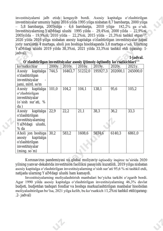 mda xavf-xatar darajasini belgilab beruvchi ijtimoiy-iqtisodiy, moliyaviy va siyosiy omillar majmui hisoblanadi. investitsion muhit mamlakat iqtisodiyotida xorijiy investitsiyalarning samarali aylanishi uchun zarur bo‘lgan shart-sharoitlar kompleksi hamdir. davlat qulay investitsiya muhitini yaratish maqsadida tovar ishlab chiqaruvchilarga soliq bosimini va yukini kamaytirishga qaratilgan qonunchilik bazasini yaratadi, markaziy bankning qayta moliyalashtirish stavkasidan investitsiya maqsadlarida foydalaniladi, fan, ta’lim, kadrlarni tayyorlash va qayta tayyorlashga investitsiya qilish orqali milliy intellektual salohiyatni saqlashga intiladi. investitsiya jarayonlarini faollashtirishda davlat tomonidan belgilanadigan moliyaviy imtiyoz va preferensiyalar muhim rol o‘ynaydi. ular pul resurslarini ishlab chiqarishga samarali investitsiyalash imkoniyatlarini kengaytiradi va shu orqali uning rivojlanishi uchun qulay sharoit yaratiladi. moliyaviy imtiyozlarga fan-texnika ishlanmalariga yo‘naltirilayotgan foydani yoki uning bir qismini ma’lum muddatga soliqqa tortishdan ozod qilish, asosiy fondlarning jadallashgan amortizatsiya amaliyotini amalga oshirishga ruxsat berish va boshqalar kiradi. 2. o‘zbekistonda iqtisodiyotga investitsiyalarni jalb qilish tendensiyalari o‘zbekistonda investitsion faoliyatni huquqiy bazasini yaratish va davlat tomonidan tartibga solish maqsadida 1998 yil 24 dekabrda «investitsiya …
