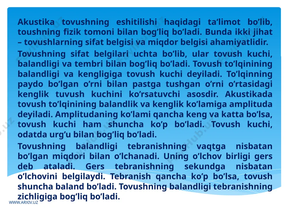 mchi cho’ziqlik ma‘no ajratish uchun xizmat qiladi: at- hayvon, a:d – ism, yoz – fe‘l, yo:z – fasl. ikkilamchi cho’ziqlik ma‘no ajratmaydi, urg’u bilan bog’liq bo’ladi. nutq organlari va ularning vazifalari. nutq hosil qilishda ishtirok etadigan organlar, nutq organlari deyilib, nutq tovushlarining bioasoslarini tashkil qiladi. nutq organlari holati va harakatiga qarab faol va passiv nutq organlariga bo’linadi. tovush paychalari, kichik til, til, lab, pastki jag’lar faol nutq organlaridir. ko’krak qafasi, kekirdak, yuqori jag’, qattiq tanglay, burun, tish passiv nutq organlari hisoblanadi. www.arxiv.uz transkripsiya. transkripsiya keng ma‘noda geografik, tarixiy va boshqa nomlarning ma‘lum bir qoida asosida berilishini, tor ma‘noda ma‘lum til va uning shevalariga oid so’zlarini yoki chet tiliga oid so’zlarni talaffuziga ko’ra aynan yozib olishni anglatadi. nutq tovushlarini aniq ifodalash uchun ishlatiladigan yozuvga transkripsiya deyiladi. transkripsiyada transkripsion belgilar qo’llanib, ular bilan birga diakritik (asosiy belgiga qo’shimcha belgi) lar ham ishlatiladi. o’zbek tilida quyidagi transkripsion belgilar ajratilgan: а – til orqa, …