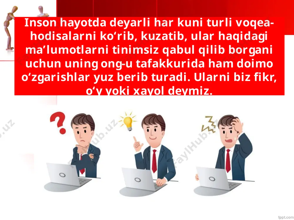 barpo etilayotgan demokratik jamiyat sharoitida ijtimoiy ahamiyatga molik g‘oyalar parlament tomonidan qabul qilingan qonunlar, prezidentning qaror va farmonlari, farmoyishlari, hukumat qarorlari, dasturlari va boshqa qonuniy hujjatlar orqali amalga oshiriladi. o‘zbekistonning davlat mustaqilligi ham mamlakatimiz parlamentida 1991-yil 31-avgust kuni qabul qilingan qonun hujjati asosida amalga oshirildi. savol va topshiriqlar 1. odamda fikr qanday paydo bo‘ladi? 2. fikrlar necha xil bo‘ladi? 3. shaxsiy va ijtimoiy fikrning farqi nimada? 4. ushbu rasmlarda kim qanday fikr bildirayotganini sharhlang. 5. siz o‘z fikringizni avvalo kimga aytasiz? 6. g‘oya qanday fikrdan paydo bo‘ladi? 7. milliy g‘oya deb nimaga aytiladi? image2.jpg image3.jpg image4.jpeg image5.png image6.jpeg image7.jpeg image8.jpeg image9.jpeg image10.jpeg image11.jpeg image12.jpeg image13.gif image1.jpg