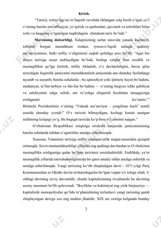 idan qiziqish ortmoqda. sovet mustamlakachiligi yillarida eng qadimgi davrlardan to o‘zbekiston mustaqillika erishguniga qadar bo‘lgan tariximiz soxtalashtirildi. endilikda, ya’ni mustaqillik yillarida tarixshunosligimizda bir qator amaliy ishlar amalga oshirildi va amalga oshirilmoqda. yangi tarixning ko‘rib chiqiladigan davri - 1871-yilgi parij kommunasidan to oktabr davlat to'ntarishigacha bo‘lgan vaqtni o'z ichiga oladi. u oldingi davrning uzviy davomidir, chunki kapitalizmning rivojlanishi bu davrning asosiy mazmuni bo'lib qolaveradi. “boyliklar va hokimiyat eng yirik burjuaziya — kapitalistik monopoliyalar qo‘lida to‘planishining tezlashuvi yangi tarixning qarab chiqilayotgan davrga xos eng muhim jihatidir. xix asr oxiriga kelganda bunday monopoliyalar hukmron kuchga aylandi — kapitalizm o‘z taraqqiyotining yangi bosqichiga — imperializm bosqichiga qadam ko‘ydi. bu hol jahon xalqlarini kapitalistik ekspluatatsiya qilishning kuchayishiga va kapitalizmning barcha ziddiyatlari chuqurlashuviga olib keldi. ishchilar sinfi ancha o‘sdi va uning ijtimoiy-siyosiy roli kuchaydi. 1871-yilgi parij kommunasi mag‘lubiyatga uchradi, lekin burjuaziya hokimiyatini ishchilar sinfi hokimiyati bilan almashtirish mumkinligini isbot qilib berdi. biz o‘rganishni o‘z oldimizga maqsad …