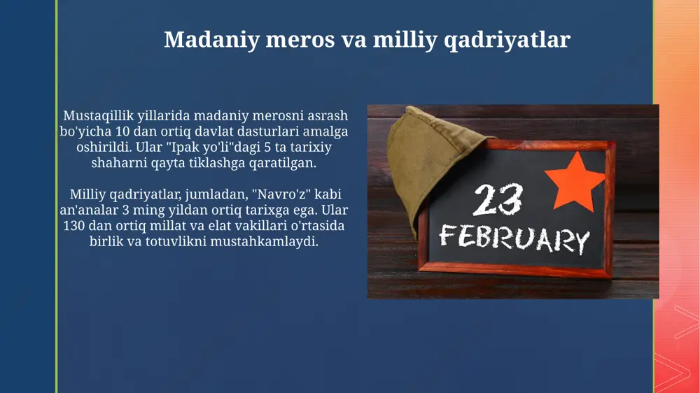 tkazildi va oliy ta'lim muassasalariga qabul kvotalari 2 barobarga oshirildi. o'zbekistonning erishgan yutuqlari qishloq xo'jaligida hosildorlikni oshirish maqsadida 700 dan ortiq agrotexnologiyalar va innovatsion usullar joriy etildi, bu 15 foizga ko'proq mahsulot yetishtirishga yordam berdi. 2017-2021 yillarda oʻzbekiston yalpi ichki mahsuloti (yaim) 24 foizga oʻsdi, bu iqtisodiyotda sezilarli oʻzgarishlar va barqaror oʻsishni koʻrsatadi. mustaqillikning 34 yilligi munosabati bilan 2025 yilda nishonlanadigan mustaqillikning 34 yilligi o'zbekiston xalqining erkinligi, birdamligi va farovonligi ramzi bo'lib, kelajakka yangi umidlar bilan qarash imkoniyatidir. mustaqillikning 34 yilligi davomida o'zbekiston siyosiy, iqtisodiy va ijtimoiy sohalarda katta yutuqlarga erishdi, jumladan bmt va boshqa xalqaro tashkilotlarga a'zo bo'ldi. xalqaro hamkorlik va o'zbekistonning roli o'zbekiston 1992-yilda bmtga a'zo bo'lib, xalqaro maydonda faol ishtirok eta boshladi. mamlakatimiz 150 dan ortiq davlat bilan diplomatik aloqalarni o'rnatdi. o'zbekiston markaziy osiyoda suv resurslaridan oqilona foydalanish bo'yicha faol pozitsiyada. mamlakat 2023-yilda toshkentda suv muammolari bo'yicha yuqori darajadagi xalqaro konferensiyani o'tkazdi. siyosiy barqarorlik va rivojlanish siyosiy …