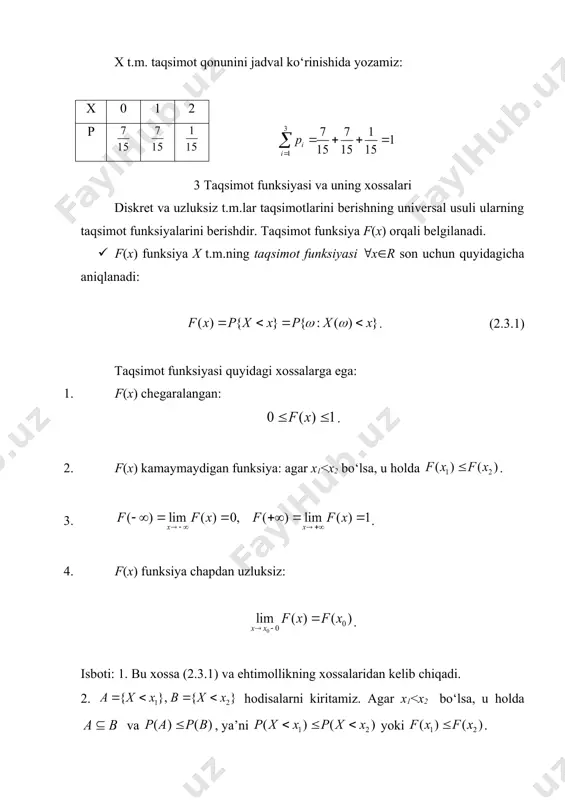 cha taqsimlangan deyiladi, agar u 0,1,2,…n qiymatlarni , (2.6.1) ehtimollik bilan qabul qilsa. bu yerda . binomial qonun bo‘yicha taqsimlangan x diskret t.m. yaqsimot qonuni quyidagi ko‘rinishga ega: x=m 0 1 2 … m … n … … nyuton binomiga asosan . bunday taqsimotni orqali belgilaymiz. uning taqsimot funksiyasi quyidagicha bo‘ladi: endi bu taqsimotning sonli xarakteristikalarini hisoblaymiz. . | almashtirish bajaramiz| = . demak, . puasson taqsimoti · agar x t.m. 0,1,2,…m,… qiymatlarni (2.6.2) ehtimolliklar bilan qabul qilsa, u puasson qonuni bo‘yicha taqsimlangan t.m. deyiladi. bu yerda a biror musbat son. puasson qonuni bo‘yicha taqsimlangan x diskret t.m.ning taqsimot qonuni quyidagi ko‘rinishga ega: x=m 0 1 2 … m … … … teylor yoyilmasiga asosan, . bu taqsimotni orqali belgilaymiz. uning taqsimot funksiyasi quyidagicha bo‘ladi: endi bu taqsimotning sonli xarakteristikalarini hisoblaymiz: , demak, . geometrik taqsimot · agar x t.m. 1,2,…m,… qiymatlarni (2.6.3) ehtimolliklar bilan qabul qilsa, u geometrik qonuni …