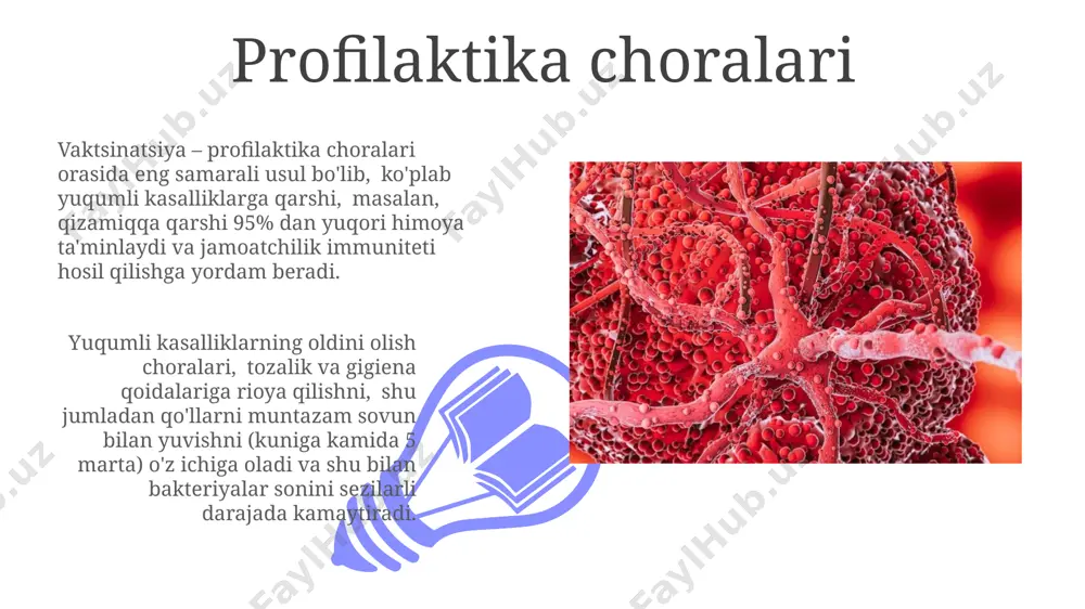 . davolash usullari ko'pgina virusli infektsiyalarni davolashda 7-10 kun davom etadigan antiviral preparatlar, masalan, oseltamivir yoki zanamiviri qo'llaniladi, lekin ularning samaradorligi virus turiga bog'liq. bakterial infektsiyalarni davolashda antibiotiklar, masalan, penitsillinlar, tsefalosporinlar yoki makrolidlar, bakteriyalarni yo'q qilish uchun ishlatiladi, lekin bakteriyalar antibiotiklarga chidamlilik hosil qilishi mumkin. zambaraklar zambarlak virusining 20 dan ortiq serotipi mavjud bo'lib, ularning patogenligi va virulentligida farqlar kuzatiladi. zambarlak kasalligining inkubatsion davri o'rtacha 7-14 kunni tashkil etadi, bu davrda bemorda klinik belgilar kuzatilmaydi. global sog'liqni saqlash muammolari 01 02 kam ta'minlangan mamlakatlarda yuqumli kasalliklarning yuqori tarqalishi, bolalar o'limi ko'rsatkichlarining yuqori bo'lishiga va aholining umumiy salomatligi holatini yomonlashishiga olib keladi. sales 1st qtr 2nd qtr 100 0 sales 1st qtr 2nd qtr 100 0 protozoa ba'zi protozoa turlari, masalan, plasmodium falciparum, odamda bezgak kasalligini keltirib chiqaradi va har yili 200 milliondan ortiq odamga ta'sir qiladi, o'limga olib kelishi mumkin. trypanosoma brucei kabi ba'zi protozoa turlari, uyqu kasalligini keltirib chiqaradi, …