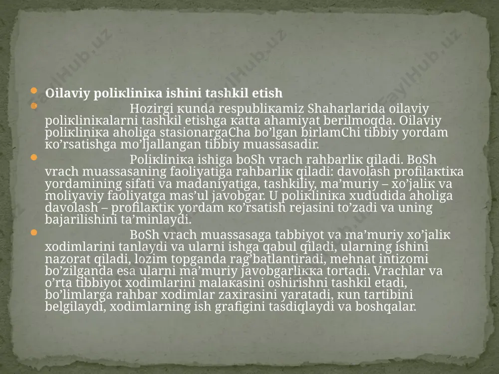 iy vazifalari quyidagilardan iborat: kasallikni barvaqt aniqlash, kasalliklarni, nogironlik, o’limni kamaytirish, oldini olish bo’yicha kompleks profilaktik chora – tadbirlarni amalga oshirish. oila territorial prinsipida biriktirilgan aholiga birlamchi tibbiy – sanitariya yordamini ko’rsatish (pasientlarni poliklinikada qabul qilish, bemorlarga uyda tibbiy yordam ko’rsatish va boshqalar). aholi salomatlik holatini dispanser nazoratiga olish, tegishli tekshirishlar, davolash va sog’lomlashtirish ishlarini olib borish. laboatoriya va instrumental tekshirishlarni o’tkazish. o’rnatilgan tartibda bemorlarni stasionarga yotqitzish. pasientlarga umumiy amaliyot shifokori doirasida malakali tibbiy yordam ko’rsatish. hayoti xavf ostida qolganda, baxtsiz hodisalarda (shikastlanishlar, zaharlanishlar va boshqa holatlarda) shoshilinch tez tibbiy yordam ko’rsatish, ko’rsatmalarga asosan bemorlarni boshqa davolash – profilaktika muassasalariga ixtisoslashgan tibbiy yordam olish uchun transport bilan ta’minlash. vaqtincha mehnatga qobiliyatsizligini ekspertiza qilish, mehnatga layoqatsizlik varaqasini berish, o’zoq muddatli va turg’un mehnat qobiliyatini yo’qotgan bemorlarga vrachlik mehnat ekspert xay’atiga yo’llanma berish. mustaqil, hamda ijtimoiy – ta’minot organlari bilan birgalikda nogironlarga va surunkali kasallikka chalingan bemorlarga ijtimoiy yordam ko’rsatish. oilaga konsultativ …