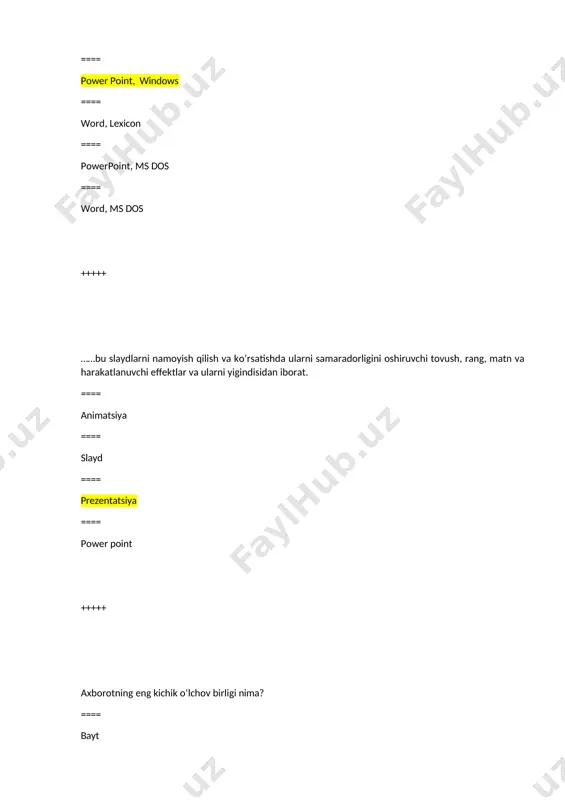 ==== shift+f3 ==== shift+f2 ==== shift+f4 ==== shift+f5 +++++ microsoft word 2010 da matn shiriftini o’lchamini o’zgartirish uchun qaysi klavishalar birikmalari bosiladi: ==== ctrl+shift+p ==== ctrl+shift+l ==== ctrl+shift+a ==== ctrl+shift+m +++++ excel dasturida …. bu mavjud qiymatlar asosida yangi qiymatlarni xisoblovchi tеnglamadir jumlani to’ldiring. ==== formula ==== opеratorlar ==== tenglik ==== arifmetik amallar +++++ plotter qanday qurilma? ==== chiqarish qurilmasi; ==== axborotlarni skanerlash qurilmasi; ==== grafik axborotlarni о‘qish qurilmasi; ==== kiritish qurilmasi; +++++ a5 katakda 3 soni, b5 katakda 5 soni. c5 katakda qaysi son hosil bо‘ladi, agar unda a5*b5-b5/5 ifoda bо‘lsa? ==== 14; ==== 2; ==== 5; ==== 7; +++++ berilgan kataklardan sonlarning о‘rta arifmetigini topishda qaysi funksiyadan foydalaniladi? ==== срзнач(); ==== сргеом(); ==== срзначa(); ==== сроткл(); +++++ domenning quyidagi sinflaridan qaysilari tijorat tashkilotlar uchun ishlatilishini ayting? ==== com ==== net ==== edu ==== gov +++++ excel dasturida turli yacheykalardagi matnlarni birlashtirish uchun qaysi belgi ishlatiladi? ==== & ==== …