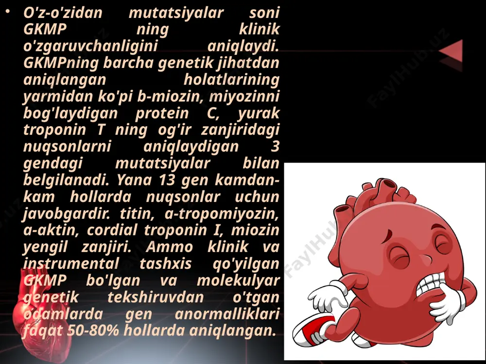 qalinlashishini aniqlagandan so'ng, yurak mushaklari gipertrofiyasining ikkilamchi sabablari bilan differentsial tashxis qo'yish kerak: "sportchi yuragi" uzoq muddatli sport miokard gipertrofiyasiga olib kelishi mumkin, ammo tegishli anamnez bilan chq bo'shlig'ining kengayishi bilan konsentrik miokard gipertrofiyasi aniqlanadi, bu gkmp uchun xos emas; aorta stenozi, aorta, subvalvular, aortaning koarktatsiyasi; cheklovchi kardiyomiyopatiya; boshqa kasalliklari (glikogenoz, mukopolisakkaridoz, amiloidoz va boshqalar); arterial gipertenziya (shu jumladan neonatal); kontinental gipotiroidizm, diabetga chalingan onadan yangi tug'ilgan chaqaloq; nerv-mushak kasalliklari; qorincha fibrilatsiyasi. tekshiruv usullari auskultativ ton i o'zgarmaydi, ii - odatda bo'linadi, juda yuqori gradient bilan - paradoksal. ko'pincha gallop ritmi yoki iii ton eshitiladi, ammo gkmpda bu aorta qopqog'i stenozidagi kabi prognostik ahamiyatga ega emas. ko'pincha iv ohang majburiy atriyal sistola tufayli aniqlanadi, bu chqga qon oqimiga qarshilikni yengib chiqadi.. shovqinning intensivligi chq chiqish yo'lidagi subaortik gradient bilan belgilanadi. bosim gradienti darajasi obstruktsiyaga, kiradigan qon hajmiga qarab o'zgarganligi sababli, shovqinning intensivligi doimiy emas. shovqin ortib borayotgan yuklama bilan kamayadi: …