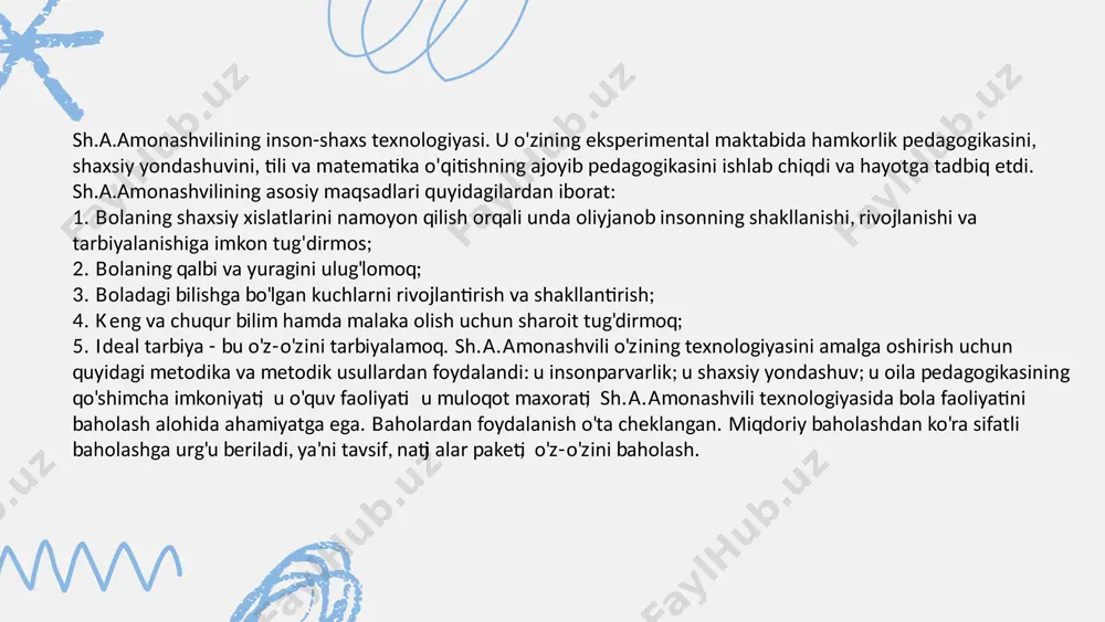 oshkorligi, ikki bahoning yo'qligi, past bahodan qo'rqishning yo'qligi. o'qitishning zamonaviy texnologiyalarini qo'llash, o'qitish jarayonini yagona shaklga keltirish va yuqori samaradorlikka erishishga imkon yaratadi. endi shaxsga yo'naltirilgan texnologiyalarning nima uchun bugungi kunda dolzarb bo'lib borayotganligi, nima uchun mazkur texnologiyalar ta'limning hozirgi kuni, kelajagi bo'lib qolganligi hamda ularning mohiyati haqida qisqacha to'xtalamiz. mazkur o'qitish texnologiyasida pedagogikaning o'quvchiga munosabati avtoritar xarakterga ega, ya'ni ta'lim jarayonida u yagona subyekt sifatida namoyon bo'ladi, o'quvchilar esa faqatgina obyekt vazifasini bajaradi, xolos. boshqacha qilib aytganda avtoritar o'qitish texnologiyasida o'quvchining tashabbusi va mustaqilligi deyarli yo'qoladi, o'qitish majburiy yo'sinda amalga oshiriladi. hanuzgacha jah onda eng ko'p tarqalgan o'qitishning sinf-dars tizimida mashg'ulotlari asosiy birligi dars bo'lib, u bitta fanining bitta mavzusiga bag'ishlanadi va o'qituvchi tomonidan boshqariladi. thank you very much! image9.png image10.svg image11.png image12.svg image13.png image14.svg image15.png image16.svg image17.png image18.svg image1.png image19.png image20.svg image21.png image22.svg image23.png image24.svg image25.png image26.svg image27.png image28.svg image2.svg image3.png image4.svg image5.png image6.svg image7.png image8.svg image29.png image30.svg …