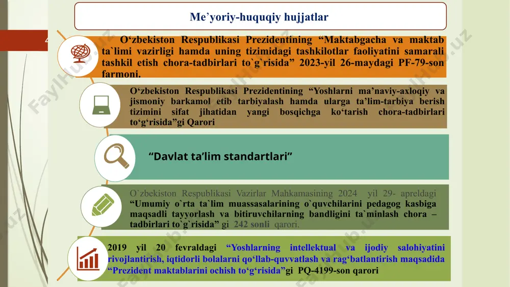 uyg‘un bo‘lishi zarur. ta’lim-tarbiya jarayonining sifatini oshiradi – rahbarning menejerlik va liderlik qobiliyatlari uyg‘unlashgan taqdirda, muassasada ta’lim-tarbiya jarayoni samaradorligi ortadi, bolalarda ijodkorlik, mustaqillik va ijtimoiy ko‘nikmalar shakllanadi. xorijiy tajriba buni tasdiqlaydi – finlandiya, aqsh va yaponiya tajribasi shuni ko‘rsatadiki, rahbarlarning liderlik fazilatlari jamoaning motivatsiyasini oshiradi, menejerlik qobiliyatlari esa tizimlilik va barqarorlikni ta’minlaydi. bu ikki faoliyat uyg‘unligi ta’lim samaradorligini oshirishga xizmat qiladi. milliy ta’lim tizimi uchun dolzarb – o‘zbekiston maktabgacha ta’lim tizimida olib borilayotgan islohotlar sharoitida rahbarlarning menejerlik va liderlik uyg‘unligiga ega bo‘lishi ta’lim sifati va samaradorligini ta’minlashning eng muhim shartlaridan biridir. таvsiyalar: 10 01 02 04 03 rahbarlarni tayyorlash va malaka oshirishda menejerlik hamda liderlik ko‘nikmalarini uyg‘un rivojlantirish – maxsus kurslar, treninglar va amaliy seminarlar orqali rahbarlarni zamonaviy boshqaruv va liderlik yondashuvlariga o‘rgatish. xorijiy tajribani joriy etish – finlandiya, aqsh va yaponiya tajribasida qo‘llanilayotgan erkinlik, transformatsion liderlik va intizomga asoslangan boshqaruv modellari milliy sharoitga moslashtirilib tatbiq etilishi lozim. ota-onalar va …