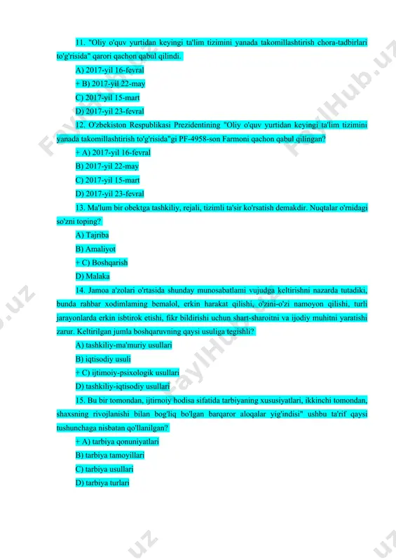 shaxsning rivojlanishi bilan bog'liq bo'lgan barqaror aloqalar yig'indisi" ushbu ta'rif qaysi tushunchaga nisbatan qo'llanilgan? + a) tarbiya qonuniyatlari b) tarbiya tamoyillari c) tarbiya usullari d) tarbiya turlari 16. maqsadga qaratilganligi va g'oyaviy yo'nalganligi – bu tarbiyaning.... a) usuli b) vositasi + c) tamoyili d) qonuniyati 17. tarbiya va tarbiyalanuvchilar orasidagi munosabatlar turiga qarab qanday turlariga bo'linadi? a) fuqarolik, siyosiy, baynalmilal, axloqiy, estetik, mehnat, jismoniy b) pragmatik, aksiologik, jamoaviy, individual tarbiya + c) avtoritar, demokratik, liberal, erkin tarbiya d) aqliy, mehnat, jismoniy tarbiya} 18. tarbiya usullari ta'rifi qaysi qatorda keltirilgan? + a) tarbiyalanuvchilaming ongi, irodasi, tuyg'ulari va xulqiga ta'sir etish usullari yig'indisidir. b) umumiy usulning bir qismi, alohida harakati c) bu usul ham emas, metod ham emas, usullar yig'indisi d) usulni tanlayotganda, tarbiyachida muvaffaqiyatga erishishga nisbatan ishonch bo'lishi kerak. 19. "o'quvchi shaxsini g'oyaviy va ma'naviy-axloqiy jihatdan shakllantirishda o'qituvchining jonli so'zi eng ta'sirchan usul hisoblanadi" ushbu ta'rif qaysi tarbiya usuliga tegishli? a) …