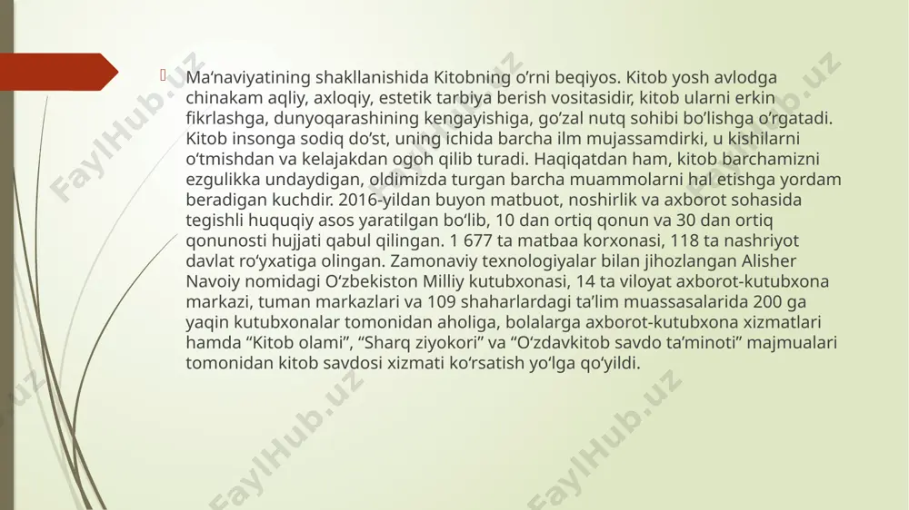 olalar va oʻsmirlar uchun adabiyotlarni tavsiya etish asosida amalga oshiriladi. bunday jaroyonida kitobxon bilan suhbatlashib, uning qiziqishlarini, psixologiyasini o’rganish juda muhimdir. maktabgacha yoshdagi bolalarni maktabgacha ta’lim tashkilotlarida, oilada jismoniy tarbiyalashning asosiy vazifalari ularni sog‘lom va baquvvat qilib o‘stirish, ular organizmini chiniqtirish, ta’lim va tarbiyani to‘g‘ri tashkil etishdan iboratdir. maktabgacha yoshdagi bolalarning sog‘lomlashtirish vazifalari - bu jismoniy tarbiyaning eng asosiy vazifasi bo‘lib, bola hayotini muhofaza qilish, uning sog‘lig‘ini mustahkamlash, organizmini chiniqtirish yo‘li bilan o‘zini himoya qilish va turli kasalliklarga chidamlilik xislatlarini oshirishdan iborat. bola organizmining rivojlanishi o‘ziga xos xususiyatga ega bo‘lgani sababli, uning vazifalari ancha aniqroq shaklda ifodalanadi; bola suyagini bexato va o‘z vaqtida qotishiga orqa umurtqa-dagi egik joylarning shakll anishiga, tovon yuzasining yaxshi rivojlanishiga, pay-bo‘g‘im apparatlarni pishitishga yordam ko‘rsatiladi. bolalarning kun bo‘yi kechadigan mustaqil harakat faoliyati ham muhim ahamiyat kasb etadi. bola o‘zida harakatga kuchli ehtiyoj sezadi, biroq bu harakat maqsadsiz va tasodifiy bo‘lib qolmasligi uchun tarbiyachining maqsadga yo‘naltiruvchi rahbarligi …