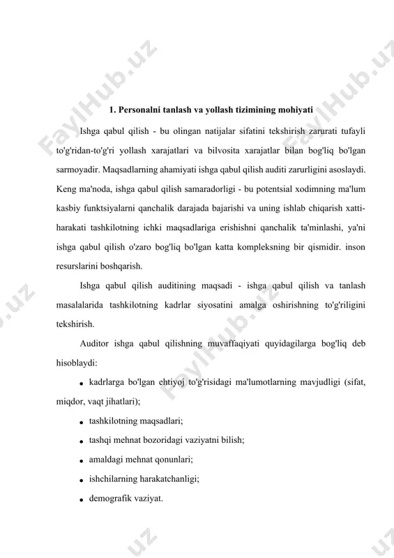 adimi; · ko'rib chiqilayotgan davrda xodim va ish beruvchi o'rtasida mehnat munosabatlarini o'rnatishda huquqbuzarliklar sodir bo'lganmi va buzilishlarning asosiy xususiyati nimada; · mehnat shartnomasi (kontrakt) mazmuni qonun talablariga javob beradimi ; · nomzodlarni tanlashning maxsus usullari (masalan, test sinovlari) qonun hujjatlari va boshqa normativ-huquqiy hujjatlarga zid keladimi; · ishga ro'yxatdan o'tish to'g'ri amalga oshirilganmi (qabul qilish uchun arizalar, mehnat daftarchalari, xodimlarning shaxsiy kartalari, qabul qilish to'g'risidagi buyruqlar yoki buyruqlar); · ishga qabul qilishning tashqi manbalari bilan shartnomalar tuzish va ularning bajarilishini nazorat qilishda qonun hujjatlari buzilganmi; · 14 yoshdan 16 yoshgacha bo‘lgan shaxslarni ishga qabul qilish tartibi qonun hujjatlari talablariga javob beradimi; · chet el ishchi kuchini yollashda qonunchilik buzilganmi; · ishga qabul qilishda millati, jinsi, yoshi yoki boshqa kamsituvchi sabablarga ko'ra kamsitish bormi. mehnat shartnomalari (shartnomalari) mazmunini o'rganayotganda, shartnoma taraflarining majburiyatlariga e'tibor qaratish lozim (shartnoma qonun hujjatlari va jamoa shartnomasiga zid bo'lgan xodimning holatini yomonlashtirishi mumkin emas), shuningdek. bo'ysunish …