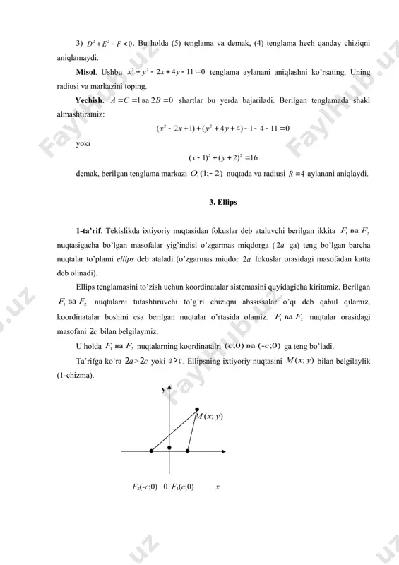 tkazamiz, koordinata boshini esa fokuslarning o’rtasidan olamiz. u holda fokuslar bo’ladi. ta’rifga ko’ra , yoki . buni soddalashtirib, (10) tenglamaga kelamiz, bu yerda , chunki shuning uchun deb olamiz. u holda (10) tenglama (11) ko’rinishga keladi. bu tenglama giperbolaning kanonik tenglamasi deyiladi. endi (11) tenlamaga ko’ra giperbolaning shaklini aniqlaymiz. (11) tenglama o’zgaruvchilarning juft darajalarini saqlagani uchun giperbola ikkita simmetriya o’qiga ega bo’lib, ular koordinata o’qlaridan iborat. giperbolaning simmetriya o’qlari uning o’qlari deb ataladi, ularning kesishish nuqtasi esa giperbolaning markazi deb ataladi. giperbolaning fokuslari joylashgan o’q uning fokal o’qi deyiladi. giperbola o’qni nuqtalarda kesib o’tadi, lekin o’q bilan kesishmaydi, chunki bo’lganda bo’lib qoladi va bu o’rinli emas. nuqtalar giperbolaning uchlari, ular orasidagi uzunligi 2a ga teng bo’lgan kesma esa uning haqiqiy oqi deyiladi. o’qida nuqtalarni belgilasak, gacha bo’lgan uzunlikdagi kesma giperbolaning mavxum o’qi deyiladi. (11) tenglamani y ga nisbatan yechami (12) bo’ladi. avvalo giperbolaning shakli i chorakda tasvirlanadi. bu holda (12) …