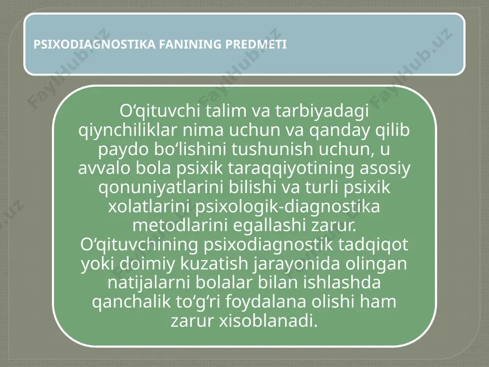 qiynalishi, aqliy ish qobiliyatining pastligi, tez chalg‘ishi va boshqalar bilan ajralib turadi. lekin xulq-atvorning ko‘rsatilgan belgilari (bilan) bola xulq-atvori extiyojlari va motivlari ierarxiyasining (bosqichma-bosqich) o‘zgarishi natijasi bo‘lishi mumkin. umumiy tushuncha inson ruhiyatini tashxislash diagnostika psixologiya psixologik diagnoz muammo diagnoz natija tayanch tushunchalar psixologik diagnoz yoki – psixodiangostika – psixologik aniqlash degan ma’noni anglatadi- shaxs individual-psixologik xususiyatlarining xozirgi xolatiga baxo berish rivojlanishi oldindan aytib berish-ya’ni:-prognoz qilish. akseleratsiya-bu bolaning tez etilishi va rivojlanishi. komissiya-xay’at degan ma’noni anglatadi. longityud-uzluksiz usul degan ma’noni anglatadi. etiboringiz uchun rahmat image2.png image3.jpeg image4.jpeg /docprops/thumbnail.jpeg