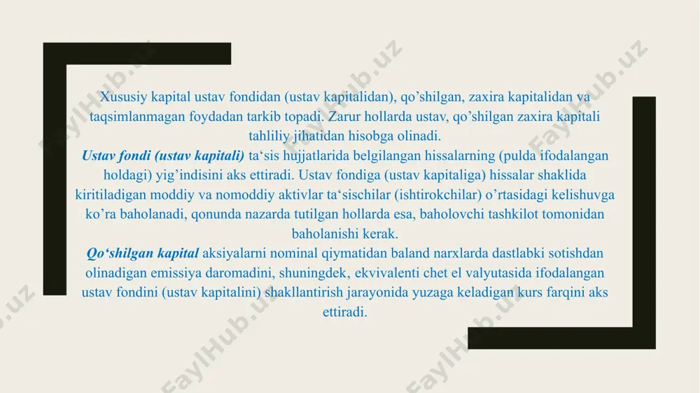 (1-son bhms)da nazarda tutilgan talablarga muvofiq tuziladi. aksiyadorlik jamiyatlari xususiy kapital to’g’risidagi tushuntirishda quyidagilar haqidagi axborotni keltiradilar: obuna amalga oshirilishi nazarda tutiladigan aksiyalarning umumiy soni va nominal qiymati; nazarda tutilgan miqdorlar bilan taqqoslaganda obuna amalga oshirilgan aksiyalarning umumiy miqdori va nominal qiymati; aksiyalarga obunaning borishi chog’ida olingan mablag’lar umumiy summasi; ayrim turlar va toifalar bo’yicha ustav kapitali tarkibidagi aksiyalar; imtiyozli aksiyalar bo’yicha to’lanmagan jamlangan dividendlar summasi; aksiyalar ko’rinishida to’lanadigan dividendlar, xususan, to’lanadigan aksiyalarning soni va qiymati, shuningdek, ularning turlari yoki toifalari to’g’risida; aksiyalarga obunaning borishi chog’ida olingan mablag’lar umumiy summasi tushuntirishda quyidagilar bo’yicha keltiriladi: aksiyalar uchun haq sifatida kirim qilingan barcha pul mablag’lari, aksiyalar soni ko’rsatilgan holda; aksiyalar uchun to’lov sifatida kirim qilingan mol-mulkning qiymat bahosi, aksiyalar soni ko’rsatilgan holda; aksiyalar uchun haq sifatida kirim qilingan chet el valyutasining umumiy summasi, aksiyalar soni va hisobda valyuta kirim qilingan kursi ko’rsatilgan holda. e’tiboringiz uchun tashakkur! /docprops/thumbnail.jpeg