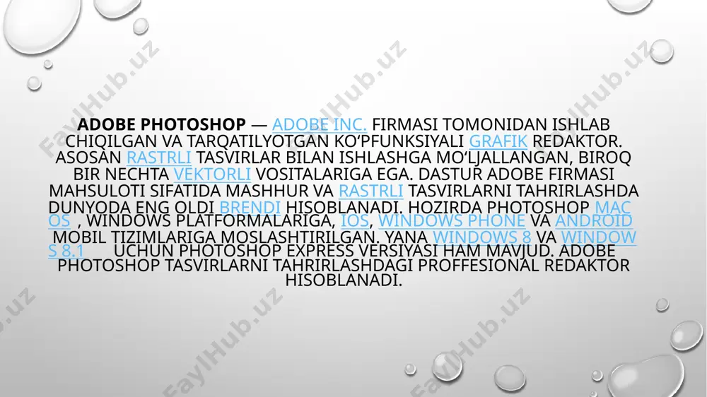 archada tasvirdagi yangi qatlamlar haqidagi axborot joylashadi. yangi qatlam hosil qilinganda adobe photoshop dasturi uni слой darchasida ro'yxatga oladi. bu darchada qatlamlar tartibli joylashtiriladi. shuningdek, qatlamlarning o'rnini almashtirish yoki vaqtincha o'chirib qo'yish mumkin. qatlamlarni o'chirish uchun awal kerakli qatlam слой darchasida belgilab olinadi va menyular satrida слой menyusi tarkibidagi удалить слой buyrug'i tanlanadi. katlamlarni bir-biriga birlashtirish imkoniyati ham mavjud. e’tiboringiz uchun rahmat image1.png image2.png image4.png image3.png /docprops/thumbnail.jpeg