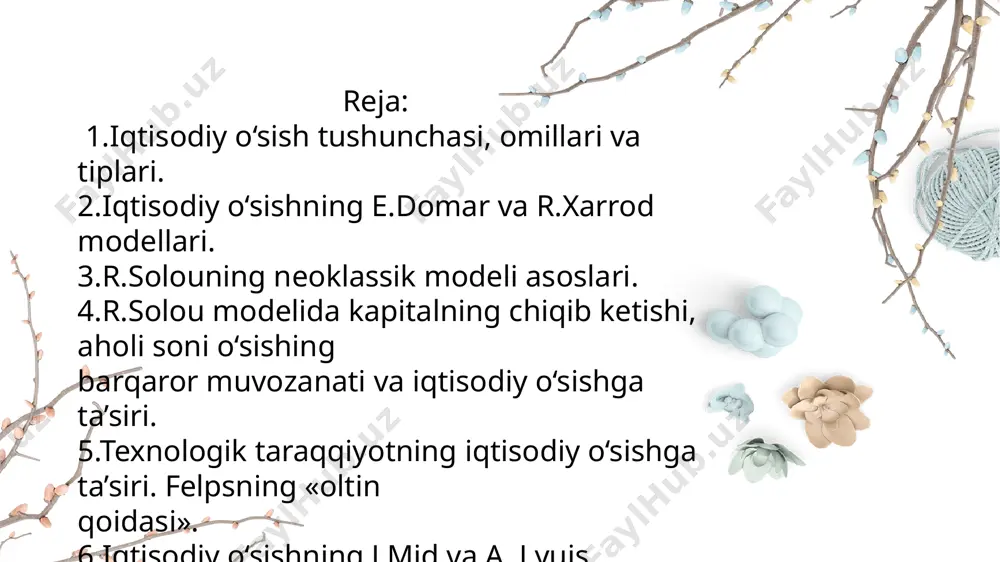 i ko‘proq ishlab chiqarish imkoniyatlari bilan belgilanadi. shu sababli iqtisodiy o‘sishni modellashtirishda diqqat markazida real sektor turadi. ikkinchi guruhga omillari jamiyatdagi iqtisodiy o‘sish potensialini yuzaga chiqarish imkonini beruvchi omillar – talab va taqsimot omillari bilvosita omillar) kiritiladi: • bozorningmonopollashuvidarajasinipasayishi; • iqtisodiyotdagi soliq muhiti; • kredit-banktizimisamaradorligi; • iste’mol, investitsiya va davlat xarajatlarining o‘sishi; • eksporthajminingo‘sishi; • iqtisodiyotda ishlab chiqarish resurslarini qayta taqsimlash imkoniyatlari; • daromadlarni taqsimlashning shakllangan tizimi. 2.iqtisodiy o‘sishning e.domar va r.xarrod modellari iqtisodiy o‘sish moldellari yalpi ishlab chiqarishning uzoq muddatli ko‘payishi taklif omillariga tayangan holda tahlil etish imkonini beradi. boshqa iqtisodiy modellar singari iqtisodiy o‘sish modellari ham real jarayonlarni abstrakt va soddalashgan ko‘rinishda, shartli tarzda grafiklarda va tenglamalarda aks ettiradi. iqtisodiy o‘sishning keynscha va neokllasik modellari mavjud. keynscha modellarning mohiyati quyidagicha: 1) ularning barchasi keynsning yalpi talb to‘g‘risididagi bosh g‘oyasiga tayanadi. ya’ni ularni tuzishda mualliflar iqtisodiyotni uzoq muddatli mutanosib rivojlanishining hal qiluvchi sharti yalpi talabni oshirish deb qarashgan; 2) …