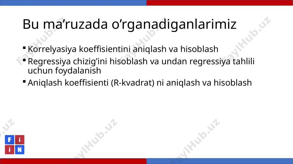 chovi cov > 0 ikkita o’zgaruvchi bir hil yo’nalishda harakatlanadi (to’g’ri proporsional) cov <0 ikkita o’zgaruvchi qarama-qarshi yo’nalishda harakatlanadi (teskari proporsional) ko’rsatkichlar orasidagi bog’liqlikni o’lchash korrelyasiya koeffisienti ikkita o’zgaruvchi o’rtasida bog’liqlik darajasini o’lchovchi korrelyasiya koeffisienti quydagi formula orqali topiladi. rxy –x va y o’zgaruvchilari orasidagi korrelyasiya koeffisienti xi – x o’zgaruvchining qiymatlari x̅ – x o’zgaruvchining o’rtacha qiymati yi – y o’zgaruvchining qiymatlari ȳ – y o’zgaruvchining o’rtacha qiymati korrelyasiyani hisoblash anvar investor sifatida s&p500 indeksi va apple aksiyalari indeksini orasida korrelyasiyasi darajasini o’rganmoqchi. unda quydagi ma’lumotlar mavjud: s&p 500 apple 2017 2275 29,48 2018 2743 39,1 2019 2531 38,07 2020 2541 79,58 2021 3756 127,14 korrelyasiyon tahlil yordamida anvarga apple.inc aksiyalari s&p500 ga nisbatan qanday harakatlanishini baholashda yordamlashing. korrelyasiyani hisoblash = = 0.876 = korrelyasiya koeffisenti s&p 500 indeksi va apple inc. kompaniyasi aksiyalari indeksi orasida yuqori musbat korrelyasiya mavjudligi ko’rsatdi. bu indekslar bir hil yo’nalishda harakatlanar ekan. korrelyasiyani …