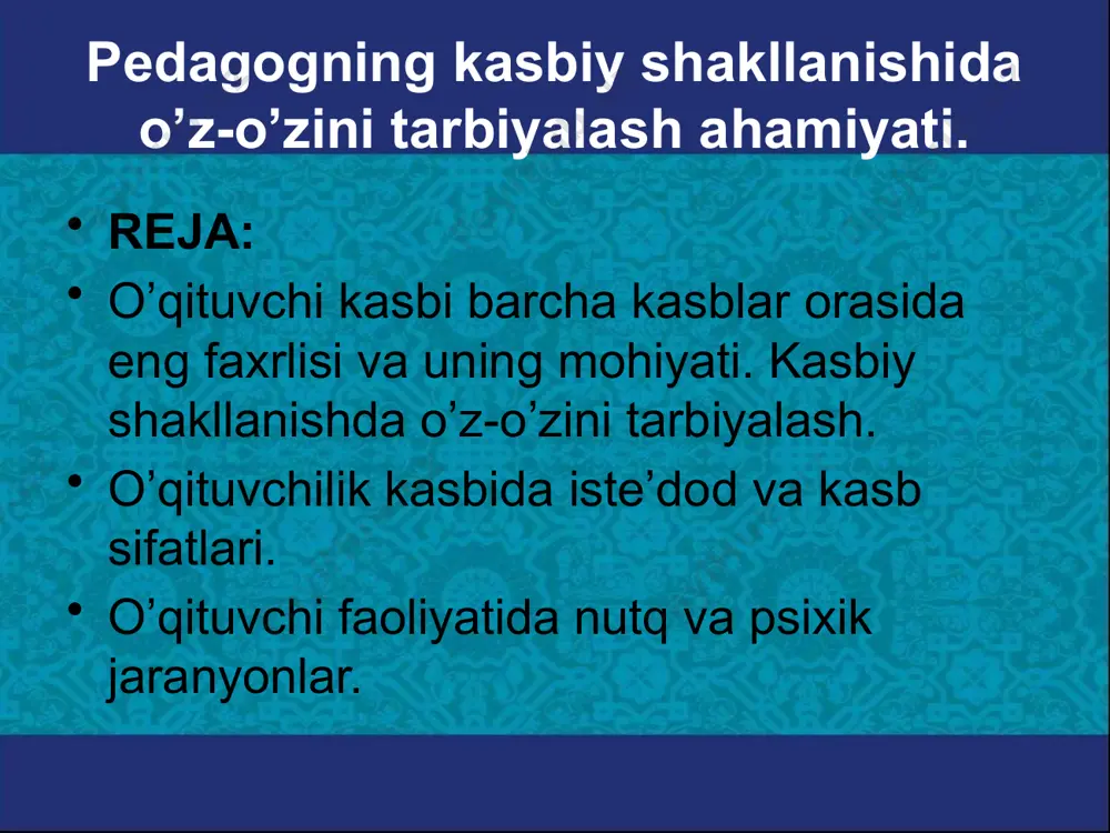 emas, butun bir jamoani majburlash kerak bo’ladi. bunday hollarda yoshlarni ishga jalb etish, intizomli bo’lishga erishish ayniqsa og`ir kechadi. maqsadga erishish uchun eng avvalo shu jamoa orasida obro’ qozonmoq zarur. o’qituvchilik kasbining yana bir muxim xususiyati shundaki, u o’z tengkurlari bilan emas, boshqa yoщdagilar bilan ishlaydi. o’qituvchi bilan bolalarning xayotiy tajribalari, bilimlari, dunyoqarashlarida ancha farq bor. bu esa ularni birbirlarini tez tushunib etishlariga imkon bermaydi. shunday ekan, o’qituvchi bolalarni yoshlik "xususiyatlari, dunyokarashlari, kizikishlari, bilim darajalarini yaxshi bilishi kerak bo’ladi. shundagina uning ishi samarali kechishi mumkin. o’qituvchi kasbining yana bir muxim jihati shundaki, bu kasb kishiga mamnunlik va xursandchilik keltiradi. bu mamnunlik, unta o’z faoliyati natijalarini ko’rganida, o’z shogirdlarini turmushda, ilmufan va yuksak mansablarni egallaganlarida, hayotda o’z o’rinlarini topganliklarida ko’zga yaqqol tashlanadi. shunda, o’qituvchilar o’z mexnatlarini zoe ketmaganligini his etadilar. o’qituvchilik kasbida iste’dod katta rol o’ynaydi. ya’ni o’qituvchilikda o’z kasbiga mehr, qiziqish, uni egallashga intilish bo’lishi lozim. bu sifatlar ko’pchilik hollarda …