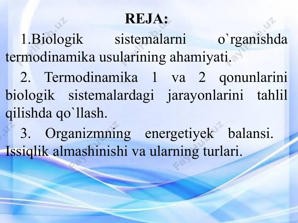 ’zgarishiga va tashqi kuchlarga nisbatan ish bajarilishiga sarf bo’ladi, ya’ni q = ∆u + a. (1) (1) formula dirferensiyal ko’rinishda quyidagicha yoziladi: dq = du + da (2). gazlar uchun elementar ish da = pdv bundagi p-bosim, dv-elementar hajm. to’la ish pdv ning integraliga tengdir, ya’ni sistemaning ichki energiyasi deganda, sistemani tashkil etgan zarrachalarning kinetik va potensial energiyalari yig‘indisi tushuniladi. ichki energiya sistema holatining fuknsiyasi bo‘lib, berilgan holat uchun ma’lum bir qiymatga ega bo‘ladi. δu sistemaning boshlang‘ich va oxirgi holatlariga mos bo‘lgan ichki energiya ayirmasi: δu=u2 – u1 issiqlik almashinishida uzatilgan energiya miqdorining o'lchovi issiqlik miqdori, ish bajarishda sarflangan energiyaning o'lchovi esa ishdir. izobarik jarayonda (p=const) sistemaga berilgan issiqlik miqdori sistemaning ichki energiyasini orttirishiga va sistema ustida tashqi kuchlarning ish bajarishga sarf bo’ladi, ya’ni: dq= du + pdv izoxorik jarayonda (v=const, dv=0 natijada da=0 bo’ladi, gaz tashqi kuchlarga qarshi ish bajarmaydi va sistemaga keltirilgan hamma issiqlik miqdori faqat uning ichki …