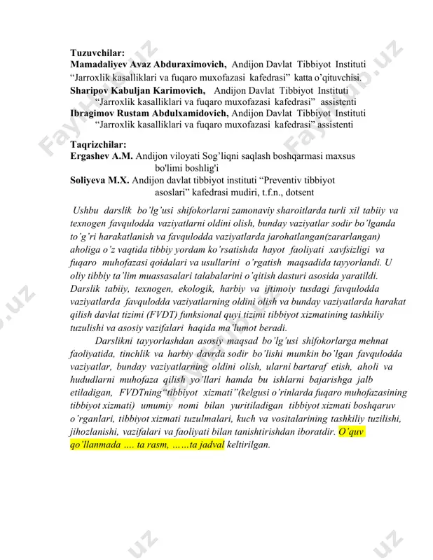 gik xavfli hodisalar: 603.2.2 gidrometeorologik xavfli hodisalar: 623.2.3 favqulodda epidemiologik, epizootik va epifitotik vaziyatlar: 633.3 ekologik tusdagi favqulodda vaziyatlar 633.3.1 quruqlik (tuproq, yer osti)ning holati o’zgarishi bilan bog’liq vaziyatlar: 633.3.2 atmosfera tarkibi va xossalari o’zgarishi bilan bog’liq bo’lgan vaziyatlar: 633.3.3 gidrosfera holatining o’zgarishi bilan bog’liq vaziyatlar: 644 bob texnogen, ekologik va ijtimoiy tusdagi (terrorizm va boshqalar) favqulodda vaziyatlar va ularning qisqacha tavsifi. 644.1 texnogen (antropogen) tusdagi favqulodda vaziyatlar va ularning qisqacha tavsifi. 644.1.1 transport avariyalari va halokatlari: 674.1.2 kimyoviy xavfli ob’yektlardagi avariyalar: 694.1.3 energetika va kommunal tizimlardagi avariyalar: 694.1.4 elektr tarmoqlarida va issiqlik markazlaridagi avariyalar 714.1.5 radioaktiv moddalardan foydalanadigan ob’yektlardagi avariyalar 714.1.6 gidrotexnik halokatlar va avariyalar: 724.2 ekologik tusdagi favqulodda vaziyatlar va ularning qisqacha tavsifi. 724.2.1 quruqlik (tuproq, yer osti)ning holati o’zgarishi bilan bog’liq vaziyatlar: 724.2.2 atmosfera (havo muhiti) tarkibi va xossalari o’zgarishi bilan bog’liq bo’lgan vaziyatlar: 734.2.3 gidrosfera holatining o’zgarishi bilan bog’liq vaziyatlar: 734.3 ijtimoiy tusdagi favqulodda vaziyatlar va …
