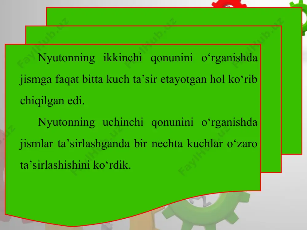ng teng ta’sir etuvchisi nolga teng bo‘lishi kerak: bundan koordinata o‘qlariga bo‘lgan proyeksiyalar uchun tenglamalar sistemasini yozaylik: 1) x o‘qi yo‘nalishi bo‘yicha mg sinα – fishq. = 0; 2) y o‘qi yo‘nalishi bo‘yicha – mg cosα + n = 0. jism qiya tekislikda muvozanatda qolishi uchun fishq.≥mg · sinα tengsizlik bajarilishi kerak. 2. massasi hisobga olinmas darajada kichik bo‘lgan ko‘chmas blokka m1 va m2 massali yuklar osilgan (2.7-rasm). agar m2 > m1 bo‘lsa, yuklarning harakatlanish tezlanishi va ipning tarangligi topilsin. blokdagi ishqalanish kuchi va ipning massasi hisobga olinmasin. har bitta yukka ikkita kuch ta’sir qiladi: og‘irlik kuchi va ipning taranglik kuchi. blokning va ipning massasi hamda ishqala nishni hisobga olmaslik haqidagi talab shuni anglatadiki, ipning har ikkala tomondagi tarang ligi bir xil bo‘ladi. uni t bilan belgilab olamiz. yuklar uchun nyutonning ikkinchi qonuni tenglamasini yozib olamiz: ip cho‘zilmas bo‘lganligidan, yuklar ning ko‘chish moduli va shunga muvofi q, tezlik va tezlanishlari …