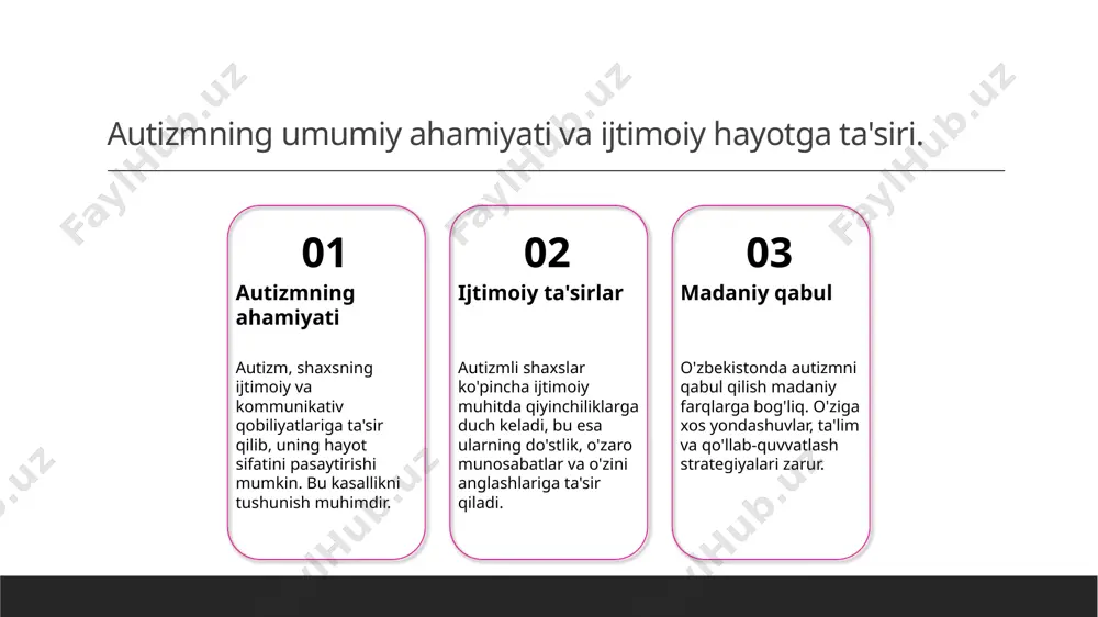 evelopmental kasallik sifatida, shaxslarning ijtimoiy hayotiga ta'sir ko'rsatadi, ammo to'g'ri qo'llab-quvvatlash bilan imkoniyatlar yaratishi mumkin. o'zbekistonda autizmni qabul qilish o'zbekistonda autizmni qabul qilish va tushunish jarayoni davom etmoqda, madaniy kontekst va ijtimoiy stereotiplar buni ta'sir qiladi. innovatsion strategiyalar va ta'lim ta'limda autizmni qo'llab-quvvatlash uchun innovatsion strategiyalar zarur. bu, o'quvchilarning ijtimoiy va akademik muvaffaqiyatini oshirishga yordam beradi. foydalanilgan adabiyotlar 1. zokirova d. m. autizm: ta'rifi va ahamiyati. tashkent: o'zbekiston davlat noshirlik uyi, 2022. 2. akmalov i. o'zbekistonda autizm madaniyati: muammolar va yechimlar. tashkent: o'zbekiston ijtimoiy fanlar akademiyasi, 2021. 3. yusupov a. interdisiplinar tadqiqotlar va ta'lim strategiyalari: autizm holatlari. o'zbekiston ta'limi, 2023. 4. mamatov s. autizm va ijtimoiy kommunikatsiya: o'zbekiston tajribalari. tashkent: tashkent davlat pedagogika universiteti, 2022. 5. saidov r. autizmni tushunish: madaniy kontekst va ta'lim strategiyalari. o'zbekiston pedagogika jurnali, 2023. e'tiboringiz uchun rahmat! /docprops/thumbnail.jpeg