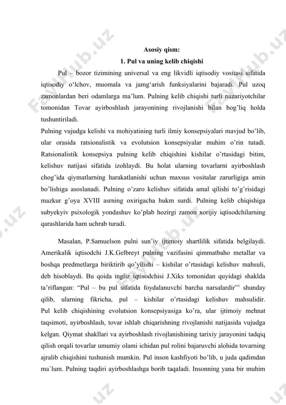 otning pul bilan ta’minlanishini uning monetizatsiya darajasini bildiradi. bu darajaning qandayligini pul muomalasi qonuni belgilab beradiki, unga binoan muayyan vaqtda muomalada bo‘ladigan pul miqdori jami sotiladigan tovarlar narxining summasi va pul aylanmasining (harakatining) tezligiga bog‘liq bo‘ladi. qancha pul zarurligi, bu pulga talab bo‘lib, buni oldi-sotdi ko‘lami, olibsotarlik ishlari miqyosi, har ehtimolga qarshi pulga ega bo‘lish ishtiyoqi va pulning naqadar tez qo‘ldan-qo‘lga o‘tib aylanib turishini yuzaga keltiradi. pulga talabni hamma subyektlar bildirsa-da, biroq ularning taklifi davlat nomidan ishlovchi markaziy bank qo‘lida bo‘ladi. pul muomalasi – bu tovarlar aylanishiga hamda notovar tusidagi to‘lovlar va hisoblarga xizmat qiluvchi naqd pullar va unga tenglashtirilgan aktivlarning harakatidir. naqd pul muomalasiga bank biletlari va metall tangalar (pul belgilari) xizmat qiladi. naqd pulsiz hisoblar cheklar, kredit kartochkalari, veksellar, akkreditivlar, to‘lov talabnomalari kabilar yordamida amalga oshiriladi. ularning hammasi pul agregati, deb yuritiladi. muomalada mavjud bo‘lgan pul massasi ularni qo‘shish yo‘li bilan aniqlanadi. pul muomalasi o‘ziga xos qonunlarga asoslangan …