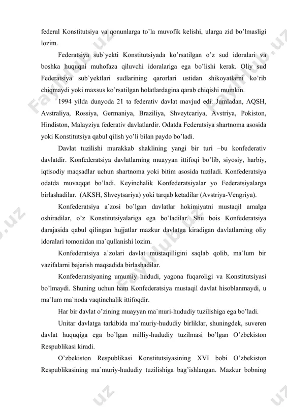 , shuningdek, suveren davlat huquqiga ega bo’lgan milliy-hududiy tuzilmasi bo’lgan o’zbekiston respublikasi kiradi. o’zbekiston respublikasi konstitutsiyasining xvi bobi o’zbekiston respublikasining ma`muriy-hududiy tuzilishiga bag’ishlangan. mazkur bobning 68-moddasi «o’zbekiston respublikasi viloyatlar, tumanlar, shaharlar, shaharchalar, qishloqlar, ovullar, shuningdek, qoraqalpog’iston respublikasidan iborat» degan konstitutsiyaviy normani mustahkamlab qo’ygan. o’zbekiston respublikasining hozirgi ma`muriy-hududiy bo’linishi mamlakatning ishlab chiqarish kuchlari ahvolini, ularning joylashish xususiyatini, transport va aloqa voitalarining rivojlanishini, joylardagi boshqaruvning tashkiliy tuzilishini aks ettiradi. viloyat o’zbekiston respublikasi ma`muriy-hududiy tizimidagi yukori bo’g’indir va eng yirik bo’linma sifatida alohida o’rin tutadi. hududiy tizimning qolgan bo’g’inlari tuman, shahar, shaharcha, qishloq, ovul viloyatning tarkibiy qismlari, ichki bo’g’inlari bo’lib, shu tariqa u muhim tashkiliy funksiyani bajaradi. viloyat yirik ma`muriy-hududiy bo’linma sifatida barqaror bo’lmog’i lozim. uning tuzilishi, mustahkamlanishi, yiriklashuvi yoki bo’linishi iqtisodiy jihatdan asoslashtirilishi lozim, bu mazkur ma`muriy-hududiy birlikda xalq xo’jaligining barcha tarmoqlarining kompleks rivojlanishiga olib kelmog’i lozim va bu viloyat barcha tarkibiy bo’g’inlarining mavjud iqtisodiy va madaniy aloqalariga tayanmog’i shart. tuman-qishloq joylaridagi …