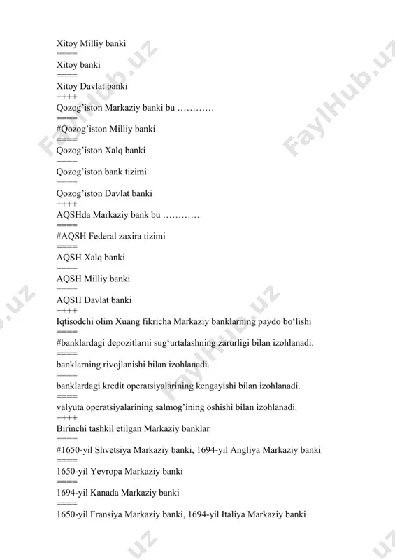 tlar turini to’liq sanab bering. ==== #ishlab chiqarish, savdo, sug‘urta faoliyati ==== qonunchilikda nazarda tutilgan ayrim moliyaviy operatsiyalar ==== bank bilan bog‘liq bo‘lmagan boshqa faoliyat bilan shug‘ullanishga haqli emas. ==== savdo faoliyati bilan shug‘ullanishga haqli emas. ++++ bank ustav fondi qanday manbalar hisobidan shakllantiriladi? ==== #bank muassislari va aksiyadorlari tomonidan to‘langan pul mablag‘lari, budjet mablag‘laridan foydalanish mumkin ==== xo‘jalik moliyasi va budjet hisobidan ==== aksiyadorlar tomonidan to‘langan pul mablag‘lari ==== bank mijozlarini banklar monopolizmidan himoyalash ++++ bank boshqaruvining qarori qanday shaklda qabul qilinadi? ==== #qaror ==== xulosa ==== nizom ==== qoida ++++ bank faoliyatini boshqarishdan maqsad nima? ==== #bank xavfsizligi, barqarorlik va raqobatbardoshlikni qo‘llab-quvvatlash ==== milliy valyuta kursini qo‘llab-quvvatlash ==== nazorat qilish ==== daromad olish ++++ bank faoliyatining subyektlari bo‘lib kimlar hisoblanadi? ==== #jami banklar ==== davlat banklari ==== markaziy banklar ==== aksioner banklar ++++ bank resurslari nimalardan tashkil topadi? ==== #o‘z mablag‘alari va jalb qilingan mablag‘alar ==== aholi omonatlari …