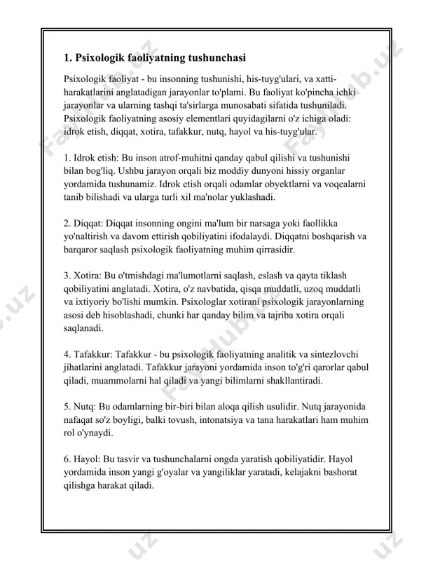 zgi va idrok jarayonlari orqali biz dunyo haqida dastlabki ma'lumotni qabul qilamiz, keyin esa bu ma'lumot xotirada saqlanadi va tafakkur orqali qayta ishlanadi. bu jarayonlarda odamlarning aqliy qobiliyatlari va intellekti katta rol oynaydi. ikkinchi shakl bu amaliy faoliyat bolib, u odamlarning oz maqsadlariga erishish uchun amalga oshiriladi. amaliy faoliyatning asosiy turlari mehnat va oyin faoliyatidir. mehnat faoliyati orqali insonlar ozlariga zarur bolgan narsalarni yaratadilar. bu jarayonda odamlar rejalashtirish, ijro etish, muammolarni hal qilish kabi qator aqliy jarayonlardan foydalanadilar. oyin faoliyati esa odamlarning rivojlanishi va jamiyatga moslashishida muhim rol oynaydi. oyin davomida bolalar turli konikmalarni egallaydi va fantaziya orqali ozlarining yaratish qobiliyatlarini namoyon etadilar. uchinchi shakl bu hissiy faoliyatdir. bu faoliyat orqali bizning hissiyotlarimiz boshqariladi va ular orqali turli vaziyatlarga reaktsiya qilinadi. hissiy faoliyatning asosiy tarkibiy qismi emotsiyalar va motivatsiyadir. emotsiyalar - bu bizning turli vaziyatlarga bo'lgan ichki reaktsiyamiz bo'lib, ular hursandchilik, qo'rquv, g'azab, qayg'u va boshqalar ko'rinishida namoyon bo'ladi. motivatsiya …
