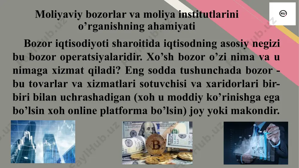 i va kengayishi, kapitalning xalqaro oqimi rivojlanishi, xizmatlar va mahsulotlarning xalqaro harakati xalqaro moliyaning rivojlanishiga zamin yaratdi. shuningdek, mazkur holat jahon moliya bozorlarining, xalqaro moliyaviy korporatsiyalarning yuzaga kelishiga, davlatlararo moliyaviy munosabatlarning va xalqaro moliyaviy faoliyatning boshqa jihatlari murakkablashuviga olib keldi. fr moliyaviy bozorlar va moliya institutlarining globallashuvi 14 zamonaviy bank-moliya tizimiga 1970 yillar boshida asos solingan bo’lsada, moliyaviy bozorlari 1990 yillar boshiga kelib haqiqatda global darajaga yetdi. bunga sabab, yuqorida xam aytib o’tilganidek, yangi texnologiyalar sabab axborot olishning tezlashuvi va arzonlashuvi bo’ldi. qo’shimcha ravishda, ko’plab mamlakatlarda mahalliy investorlar tomonidan soliq xarjatlarini qisqartirish, xamda investetsiyalar portfelini diversifikatsiya qilish maqsadida xorijiy davlatlar kompaniyalarining qimmatli qog’ozlarini sotib olishga talabning kuchayishi moliyaviy bozorlarning kengayishiga va moliya tizimlarining integratsiyasiga sabab bo’ldi. fr 14 moliyaviy bozorlar va moliya institutlarining globallashuvi 15 moliya bozorlarinig kengayishi, moliya bozori vositachilar faoliyatining kengayishiga olib keldi. bunga misol qilib, jp morgan chase, citi bank va xitoy sanoat va tijorat bank kabi …