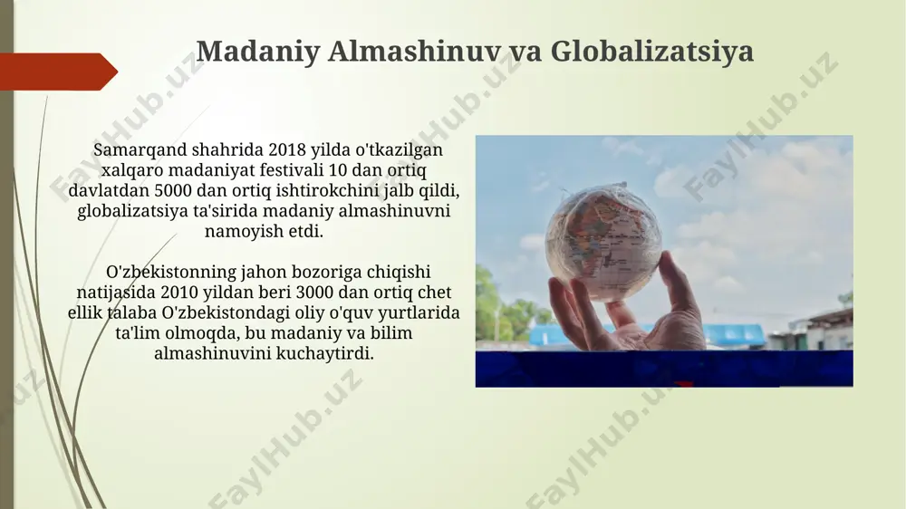 uyon 1000 dan ortiq oʻzbek yoshlari xorijiy mamlakatlarda malaka oshirish imkoniyatiga ega boʻlishdi. jahon banki maʼlumotlariga koʻra, oʻzbekistonda internet foydalanuvchilar soni 2010-yildan 2022-yilgacha 10 baravardan ortiq oʻsdi, bu esa axborot almashinuvini va global madaniyatga kirishni kengaytirdi. kelajakdagi strategiya va rejalar “kelajakdagi strategiya va rejalar” doirasida 5 yil ichida 2 million yoshlarning kasb-hunar ta’limi va malakasini oshirishga qaratilgan dasturlar ishlab chiqilgan boʻlib, bu global mehnat bozoriga moslashishga yordam beradi. “kelajakdagi strategiya va rejalar”da 2030-yilga qadar oʻzbekistonning jahon oliy ta’lim tizimida 50 ta eng yaxshi universitetlar qatoriga kirishi rejalashtirilgan boʻlib, buning uchun xalqaro hamkorlik va investitsiyalar muhim ahamiyatga ega. taʼlim tizimiga globalizatsiyaning taʼsiri oʻzbekistonning taʼlim sohasidagi global reytingi (masalan, qs world university rankings)da 2015 yildan beri sezilarli oʻsish kuzatildi, bu esa 1000 dan ortiq talabalarni xorijiy universitetlarga oʻqishga yuborish imkonini berdi. jahon banki maʼlumotlariga koʻra, oʻzbekistonning taʼlim tizimiga global investitsiyalar 2010-yildan 2020-yilgacha 30% ga oʻsdi, bu esa samarqand va toshkent kabi yirik …