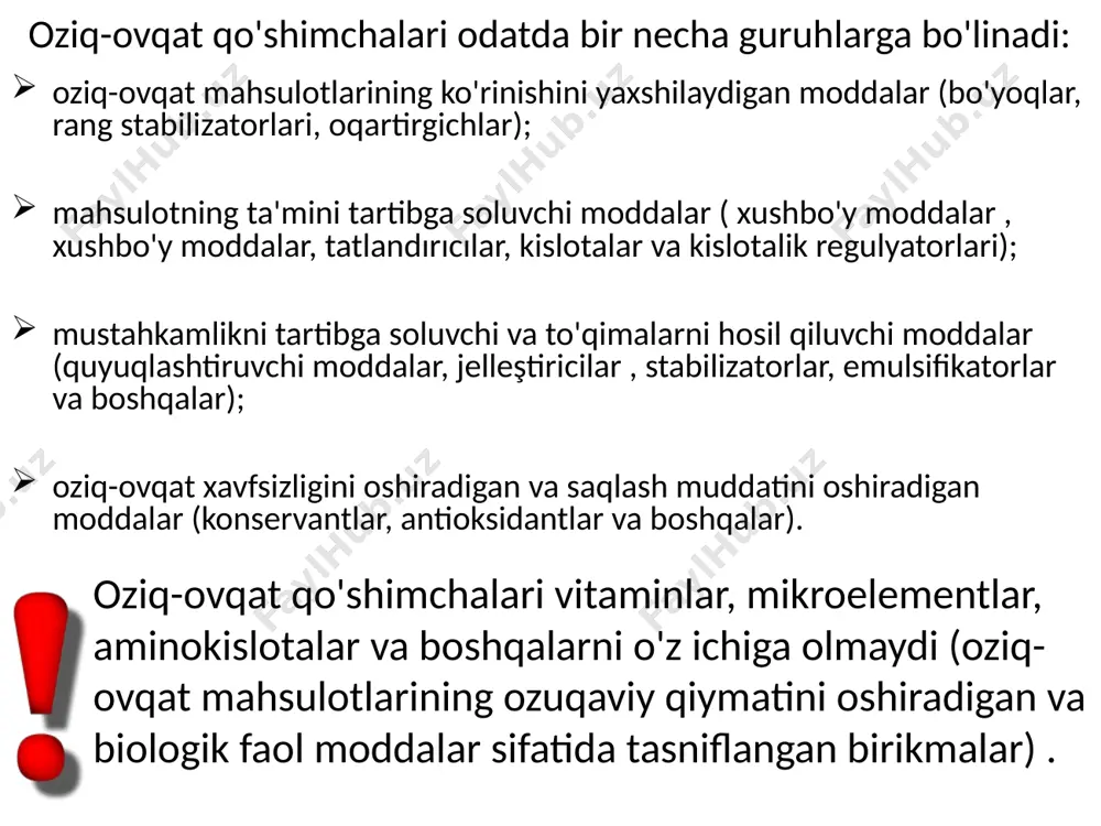'yoqlarini olish uchun xom ashyo yovvoyi va madaniy o'simliklarning turli qismlari, ularni vino zavodlarida, sharbat ishlab chiqaruvchi va konserva zavodlarida qayta ishlash chiqindilari, shuningdek, ularning bir qismi kimyoviy yoki mikrobiologik sintez yo'li bilan olinadi. sintetik bo'yoqlar tabiatda uchramaydigan, ya'ni sun'iy bo'lgan organik birikmalardir. tabiiy bo'yoqlardan farqli o'laroq, ular biologik faollikka ega emas va hech qanday lazzat beruvchi moddalar yoki vitaminlarni o'z ichiga olmaydi. mineral (noorganik) bo'yoqlar - kimyoviy jarayonlar natijasida to'g'ridan-to'g'ri minerallardan yoki sun'iy ravishda olingan noorganik birikmalar. bo'yoq sifatida mineral pigmentlar va metallar ishlatiladi. e'tiboringiz uchun tashakkur! image1.png image2.jpg image3.jpeg image4.jpeg image5.jpg image6.jpg image7.jpeg image8.jpeg image9.jpeg /docprops/thumbnail.jpeg