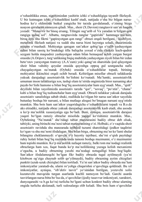 miylik) uyg‘un birikadi. shunga o‘xshash, badiiy obraz o‘zida aql bilan hisni ham birlashtiradi, shu bois uni ratsional va emotsional birlik sifatida tushuniladi. badiiy obrazdagi ratsional jihat shuki, uning yordamida ijodkor o‘zini qiynagan muammolarni badiiy idrok etadi. mas., “kecha” romanidagi qator obrazlar yordamida cho‘lpon turkistonning tarixiy taraqqiyoti masalalari, yurtining ertasi bilan bog‘liq muammolarni badiiy tadqiq etadi, obrazlar tizimi vositasida bu boradagi fikr-qarashlarini shakllantiradi va o‘zi anglagan haqiqatni badiiy kontseptsiya (tugal bir qarash, tizim holidagi badiiy xulosa) tarzida ifoda etadi. ayni paytda, asardagi obrazlarda adibning hissiy munosabati ham o‘z aksini topgan. hissiy munosabat badiiy kontseptsiyani shakllantirishda, asar mazmunining o‘quvchiga yetkazilishida muhim ahamiyat kasb etadi. har bir konkret obrazning hissiy tonalligi turlicha bo‘lib, bu, birinchi galda, ijodiy niyat bilan bog‘liqdir. “kecha”ning boshlanishidayoq cho‘lpon zebiga bir turli, razzoq so‘figa yana bir turli, akbaraliga esa boshqa bir turli munosabatda bo‘ladi. voqealar rivoji davomida hissiy munosabatda ham ma’lum o‘zgarishlar kuzatiladi. jumladan, asar boshlanishidagi zebiga shaydolik to‘la …