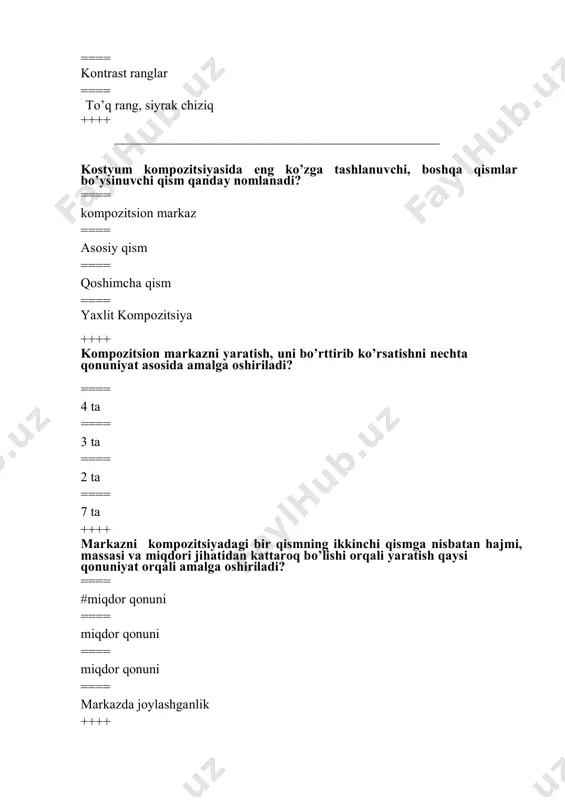 ichlik, titiluvchanlik, cho’ziluvchanlik, kirishuvchanlik. ==== mayinlik, dag’allik, osiluvchanlik. ++++ - bu material yuzasining tuzilishini xarakterlovchi xususiyat. u tabiiy va mexanik yo’l bilan olinadi. ==== faktura. ==== bezak. ==== furnitura. ==== ip. ++++ qo’yma burma, volan, mag’iz, bant, xlyastik, pogon va patalar kompozitsion bezakning qaysi turiga kiradi? ==== qo’shimcha detal yordamida bezash. ==== asosiy detalda bezak hosil qilish. ==== bezak material. ==== furniture. ++++ yordamida bezashda tugma, piston, bezak molniya va boshqalardan foydalaniladi. ==== furnitura. ==== bezak material. ==== texnika ==== texnika. ++++ gavdaning biror qismini yoki butunligicha o’zgartirish maqsadida qanday kompozitsion usuldan foydalaniladi? ==== #illyuziya. ==== nyuans. ==== faktura. ==== masshtablilik. ++++ gavda qismining biror xususiyati kamroq sezilarli bo’lishi uchun o’sha qismda ranglarni ishlatmaslik lozim. chunki bunday ranglar qo’llanilgan qism yaqqol ko’zga tashlanadi? ==== yorqin. ==== xira. ==== to’q. ==== aralash. ++++ yordamida bo’y, bel, yelka, bo’yin va boshqa tana qismlarini balandroq yoki pastroq, uzunroq yoki kaltaroq, tolaroq yoki ozg’inroq …