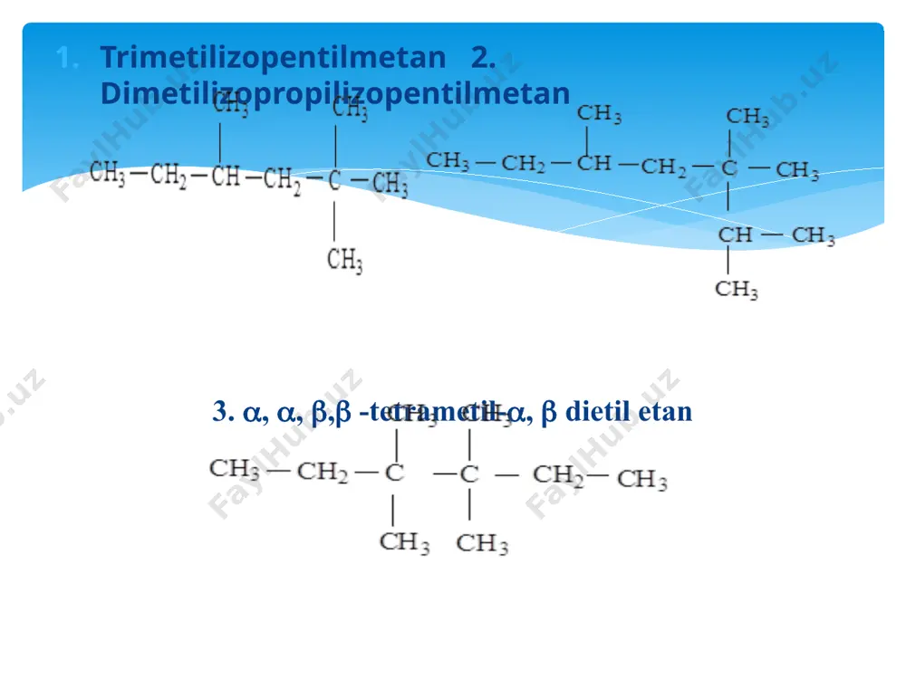 dlar bilan oson, faqat birlamchi uglerod atomlarigina bo’lgan uglevodorodlar bilan qiyinroq boradi. nitrolash. konsentrlangan nitrat kislota alkanlarga past haroratda ta’sir etmaydi. yuqori haroratda esa ularni oksidlab yuboradi. alkanlarni nitrolash suyultirilgan (13-40% li) nitrat kislota bilan yuqori haroratda (175-5500c) olib boriladi (konovalov m.i. reaksiyasi). oksidlash. alkanlarga oksidlovchilar – havo kislorodi, kaliy permanganat, kaliy bixromat, kaliy xromat, nitrat kislota va boshqalar oddiy sharoitda ta’sir etmaydilar. yuqori haroratda esa ular uglerod-(iv)-oksidgacha oksidlab yuboradi. uchlamchi alkillarning peroksidi quyidagicha parchalanishi mumkin: ikkilamchi alkillarning peroksidlarni past haroratda (a) spirtlar va ketonlarga, yuqori haroratda (b) esa aldegidlar va spirtlarga parchalanadilar: birlamchi alkillarning peroksidlari ham yuqoridagilarga o’xshash parchalanadi. bunda -holatdagi vodorod yoki radikal uziladi. uglevodorodlarning yuqori haroratda parchalanishi. to’yingan uglevodorodlar harorat ta’siriga chidamli. metan 20000c dan keyingina uglerod bilan vodorodga parchalana boshlaydi: agar uglevodoroddagi uglerodlar soni toq bo’lsa, pachalanish natijasida kichik molekulyar massali etilen uglevodorodi, katta molekulyar massali to’yingan uglevodorod hosil bo’ladi. uglevodorodlarning suv bug’i ta’sirida parchalanishi. bu …