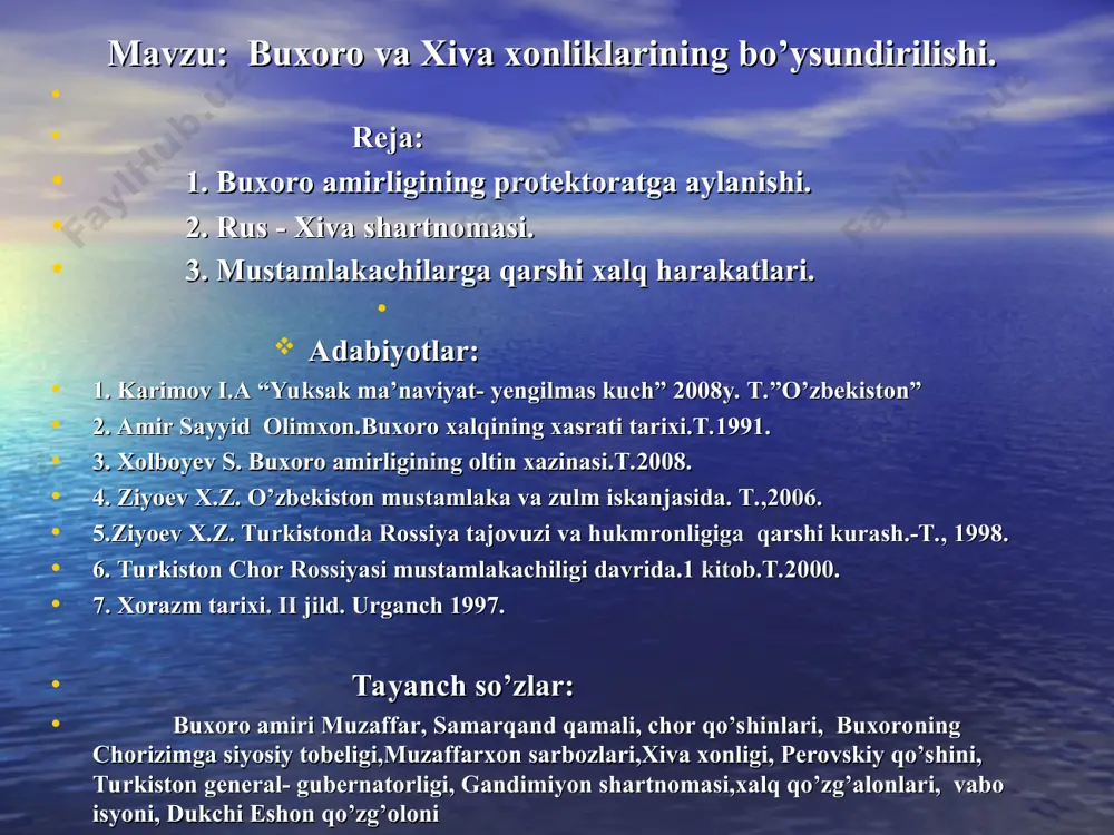 ish boshlaydi. uning qo’shini samarqandni qamal qilganlarni to’zg’itib yuboradi. shahar ayovsiz talon-toroj etiladi. kaufman o’t ichida qoladi. xalq qirg’in qilinib, qo’zg’olonda ishtirok etganlikda gumon qilinganlar otib tashlanadi, hech kimga omonlik berilmaydi. ammo bu gal bosqinchilar ham katta talafot ko’radilar. ulardan 275 kishi o’ladi va yarador bo’ladi. g’alabadan butunlay umidini uzgan amir muzaffar mustamlakachilar bilan sulh tuzishga rozi bo’ladi. 1868 yil 23 iyunda amirning elchilari samarqandda turgan kaufman huzuriga keladilar. kaufman samarqand, kattaqo’rg’on va zarafshon daryosining yuqori qismini saltanat ixtiyoriga berishni va 500000 so’m miqdorida tovon to’lashni shart qilib qo’yadi. sulhga ko’ra, buxoro amiri chet davlatlar bilan diplomatik aloqalar olib borish huquqidan mahrum qilinadi, rus savdogarlari uchun savdo-sotiq qilishga oid ko’pdan-ko’p imtiyozlar beriladi. amir o’zining chorizmga siyosiy tobeligini to’la tan oladi buxoro amiri urushni rasman to’xtatib, chorizmga tobeligini tan olganligi hurfikrli vatanparvarlarning qattiq noroziligiga sabab bo’ladi. hatto amirning o’g’li katta to’ra (abdumalik) va bir necha nufuzli beklar bilan birlashib, muzaffarxon va …