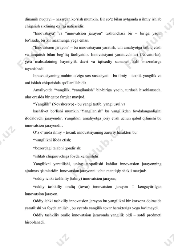 di: ishlab chiqaruvchi va iste`molchi. agar yangilik – texnologik jarayon bo‘lsa, u yyyerda ishlab chiqaruvchi va iste`molchi bitta xo‘jalik yurituvchi subyekt bo‘lishi mumkin. oddiy innovatsion jarayon tovar innovatsion jarayonga ikki fazada o‘tadi: 1. yangilikni yaratilish va tarqatilish fazasi; 2. yangilanish diffuziyasi fazasi; birinchi faza – bu ilmiy izlanishlarning bosqichma – bosqich bajarilishi bo‘lib, tajriba – konstruktorlik ishlari, tajriba ishlab chiqarishni tashkil yetilishi va sotish, tijorat ishlab chiqarishni tashkil etishdir. ikkinchi fazada ijtimoiy unumli (foydali) samara ishlab chiqarishni yangilovchilar orasida taqsimlanadi. innovatsiyani tarqatish – bu axborot jarayoni, shakl va tezlik, kommunikatsiya vositalari quvvatiga, ma`lumotlarni qabul qiluvchi xo‘jalik yurituvchi subyektlar o‘ziga xos tomonlariga va amaliyotda qo‘llanilishiga bevosita bog‘liqdir. innovatsiya diffuziyasi – jarayon, bu yyerda yangilanish kommunikatsiya vositalari orqali ijtimoiy tizim a`zolariga vaqtida berilishidir. yangilik bu g‘oya, buyum, texnologiya va boshqa bo‘lishi mumkin, lekin u o‘sha xo‘jalik yurituvchi subyektlarga yangilik hisoblanadi. bir so‘z bilan aytganda, diffuziya bu bir vaqtlarda o‘zlashtirilgan va foydalanilgan innovatsiyani …