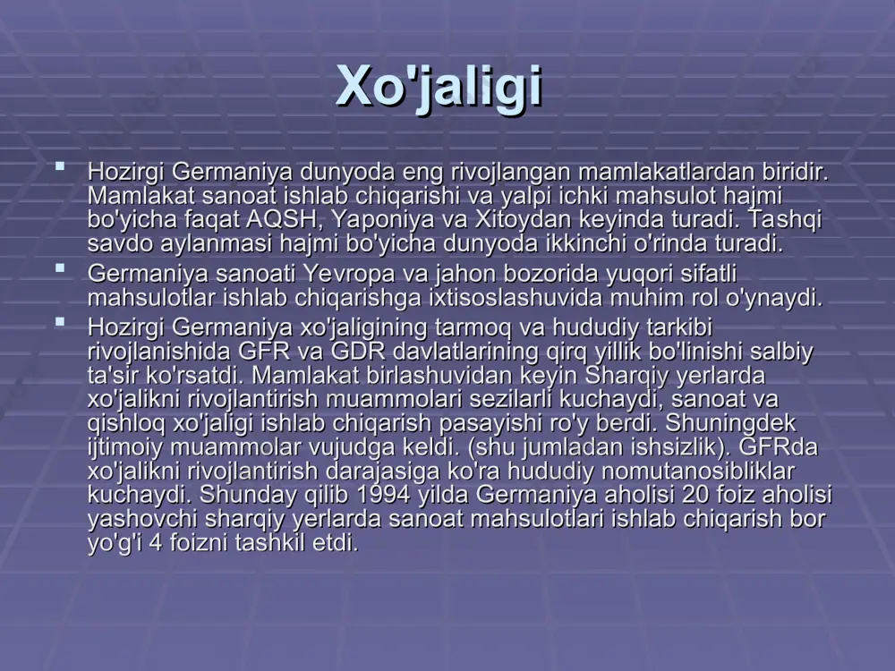 germaniyaning sovet qoʻshinlari tomonidan okkupatsiya qilingan hududlarida va berlinning sharqiy (sovet) qismida tuzilgan sotsialistik davlat. respublika 1990 yilning 2 dekabriga qadar mavud boʻlgan. geografiyasi 952 yilda mamlakat rasman 15 okrugga ajratilgan: drezden (dresden) karl-marks-shtadt (karl-marx-stadt), ayni vaqtda xemnits (chemnitz) leypsig (leipzig) gera (gera) erfurt (erfurt) zul (suhl) galle (halle) magdeburg (magdeburg) kottbus (cottbus) potsdam (potsdam) oder-frankfurt (frankfurt/oder) noybrandenburg (neubrandenburg) shverin (schwerin) rostok (rostock) sharqiy berlin alohida mustaqil maʼmuriy birlik hisoblangan. germaniya iqtisodiyoti germaniya jahonning yirik va iqtisodiyoti taraqqiy etgan mamlakatlaridan biri. mineral xom ashyo resurslariga boy. masalan, ularga toshko‘mir, temir va marganes rudasi, nikel, kobalt, volfram, molibden, mis, xrom, qo‘rg‘oshin, qalayi, uran, kaliy tuzi, gilmoya va h.k. kiradi. aholisi mamlakat mehnat resurslari bilan ta’minlangan. bu yerda past haq to‘lanadigan chet ellik ishchilardan keng foydalaniladi. germaniya-aholisi yuqori darajada to‘plangan mamlakat. mamlakat g‘arbiy qismida aholi o‘rtacha zichligi 1 kv. km. ga 245 kishini, sharqiy qismida 155 kishini tashkil qiladi. germaniya yevropa mamlakatlari …