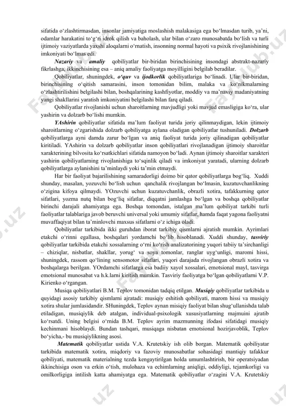 umkin. intellektual qobiliyatlarning nishonalari esa, avvalambor, miyaning u yoki bu darajadagi qo‘zg‘aluvchanligida, asab jarayonlarining harakatchanligida, vaqtincha aloqalarning hosil bo‘lish tezligida, ya’ni, i.p. pavlov genotip – asab tizimining tug‘ma xususiyatlari deb atagan miya faoliyatining shular kabi vazifalarida namoyon bo‘ladi. miya, his-tuyg‘u organlari, harakat (tug‘ma nishonalar) tuzilishining tug‘ma anatomik-fiziologik xususiyatlari odamlar o‘rtasidagi individual farqlarning tabiiy asosini belgilab beradi. ko‘pchilik psixologlarning fikricha, nishonalar – bu asab tizimining irsiyat tomonidan belgilangan (tug‘ma) anatomik-fiziologik xususiyatlari. lekin olimlarning ayrimlari, masalan, r.s. nemov, odamda ikki xil nishonalarning: tug‘ma (tabiiy) va orttirilgan (ijtimoiy) turlari mavjudligini faraz qiladilar. nishonalarning rivojlanishi – bu tarbiya sharoitlari va jamiyat rivojlanishining xususiyatlari bilan bog‘liq bo‘lgan ijtimoiy shartlangan jarayon. jamiyatda u yoki bu kasbga ehtiyoj tug‘ilgan sharoitda nishonalar rivojlanadi va qobiliyatlarga aylanadi; nishonalar rivojlanishining ikkinchi muhim omili tarbiyalash xususiyatlari hisoblanadi. nishonalar maxsus bo‘lmaydi. odamda muayyan turdagi nishonalarning mavjudligi qulay sharoitlarda ular asosida ma’lum qobiliyatning rivojlanishi zarurligini bildirmaydi. bir xil qobiliyatlar asosida faoliyat talablarining xususiyatiga …